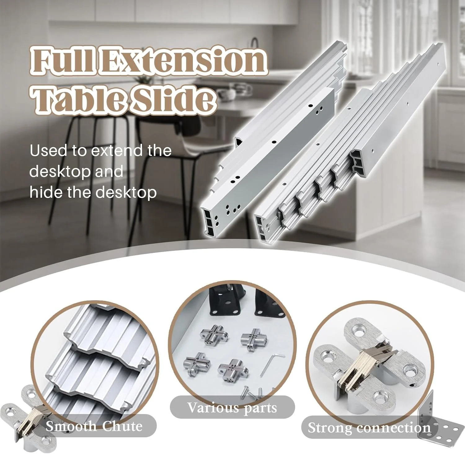 ریل اسلاید میز ناهارخوری مخفی با قابلیت افزایش طول کامل، ریل های اکولایزر آلومینیومی برای میزهای پنهان، 1450 میلی متر