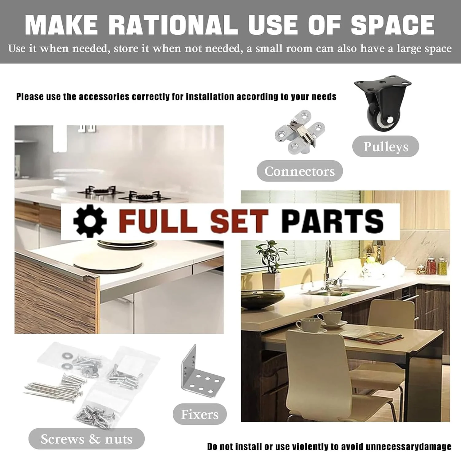 ریل کشویی کامل میز، ریل افزایش طول میز ناهارخوری با چرخ‌های بی‌صدا، سخت‌افزار کشویی تلسکوپی آلومینیومی برای میز آشپزخانه