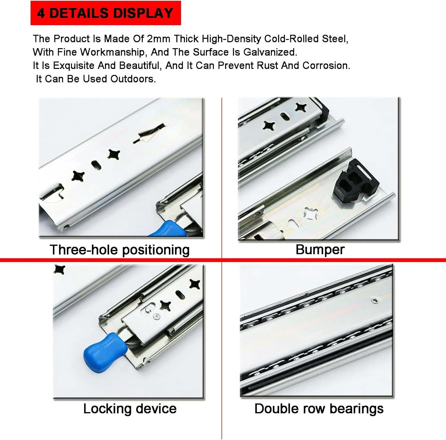 ریل کشویی سنگین - بسته 2 عددی ریل افزایش طول میز با قفل، در اندازه های 55، 80 و 105 سانتی متر، ظرفیت بار 120 کیلوگرم، جداشدنی، نصب آسان، ریل های سه تایی برای کابینت