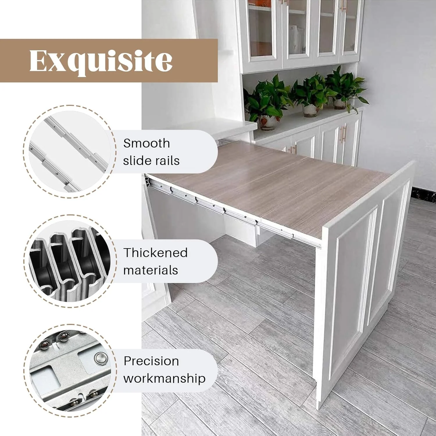 ریل اسلاید میز ناهارخوری مخفی با قابلیت افزایش طول کامل، ریل های اکولایزر آلومینیومی برای میزهای پنهان، 1450 میلی متر