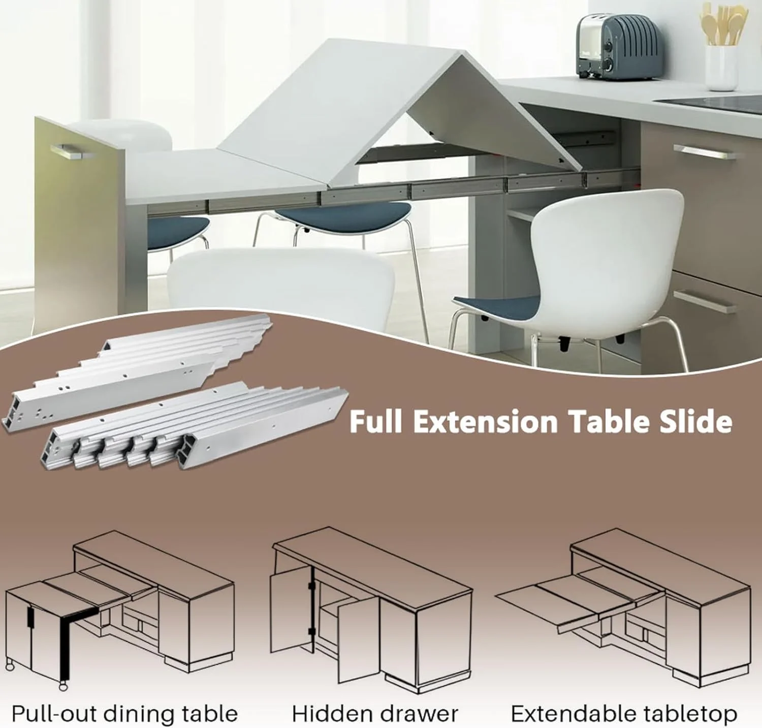 ریل میز تاشو کاملاً بازشو، ریل کابینت فلزی سنگین برای میز مخفی، ریل میز تاشو با چند بخش، لوازم DIY، 1270 میلی متر