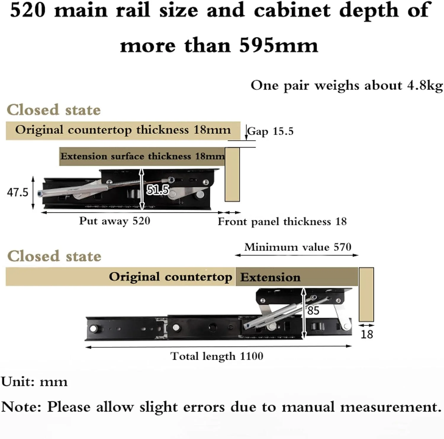 ریل کشویی افزایش طول سطح کابینت، ریل کشویی مخفی با مکانیزم آرام بند، راهنمای مسیر ریل بلبرینگ، نصب جانبی، مقاوم در برابر زنگ زدگی، برای کابینت آشپزخانه، کمد لباس، قفسه، کشو