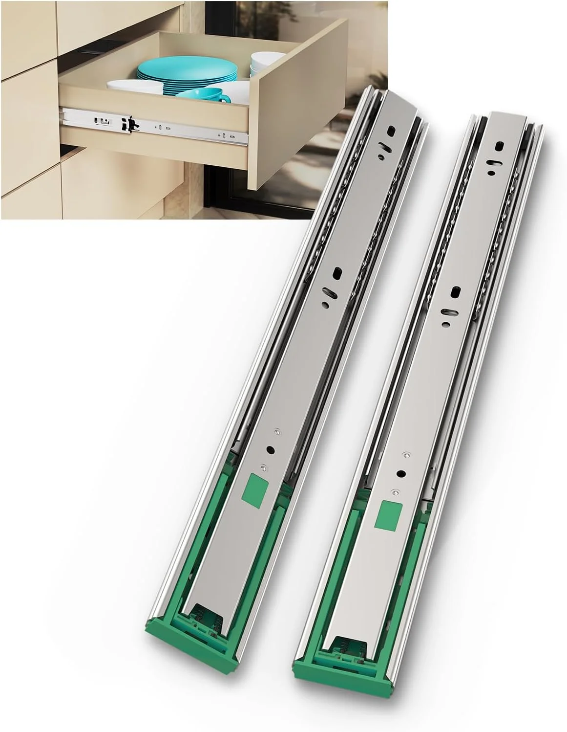 ریل کشو آرام بند هیتس 2 جفت سایز 40 سانتیمتر، بلبرینگ دار، نصب جانبی کابینت ریل کشو آرام بند هیتس 2 جفت سایز 40 سانتیمتر، بلبرینگ دار، نصب جانبی کابینت