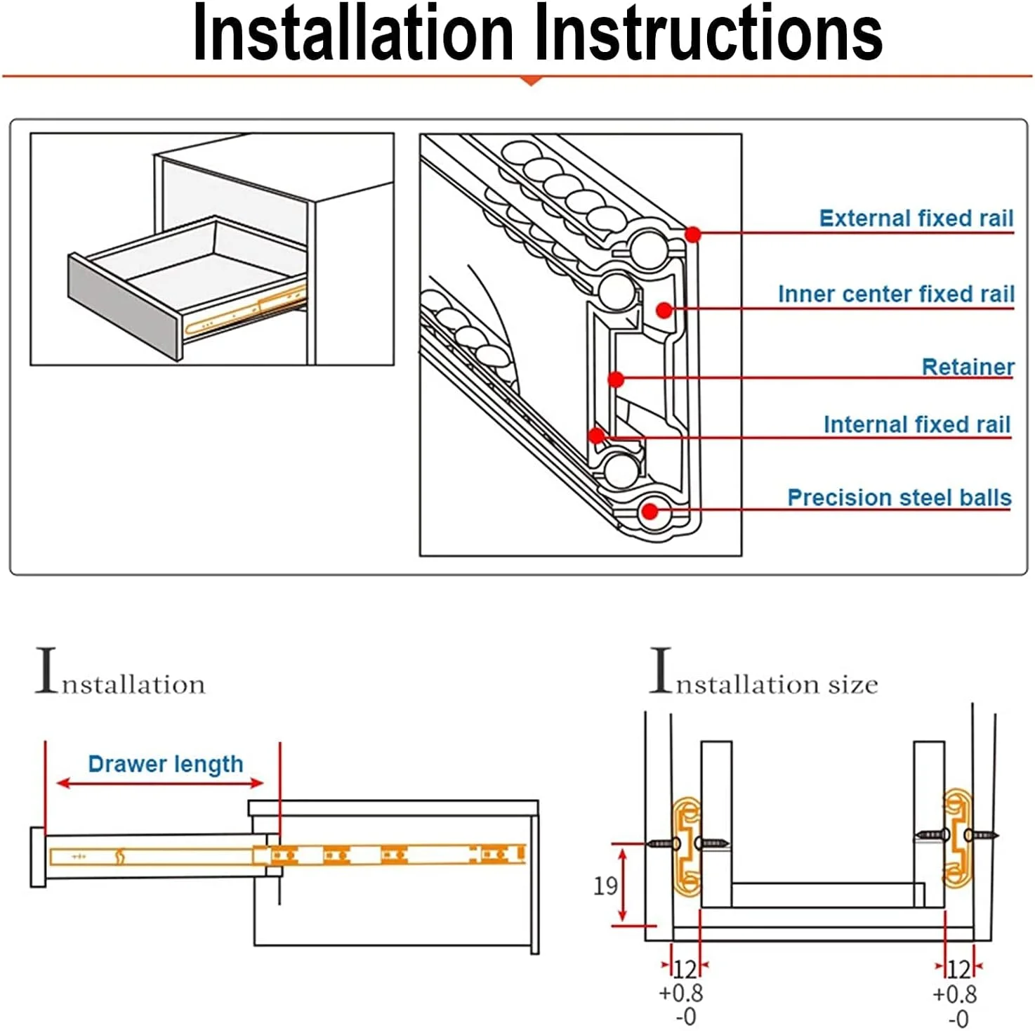 ریل کشویی کشو، فولاد ضد زنگ 304 سنگین، ریل راهنمای برگشتی با پسوند کامل، ریل کشویی کابینت، نصب جانبی میرایی کشویی، تحمل بار 45 کیلوگرم، 1 جفت (2 عدد) (اندازه: 400/16 اینچ)