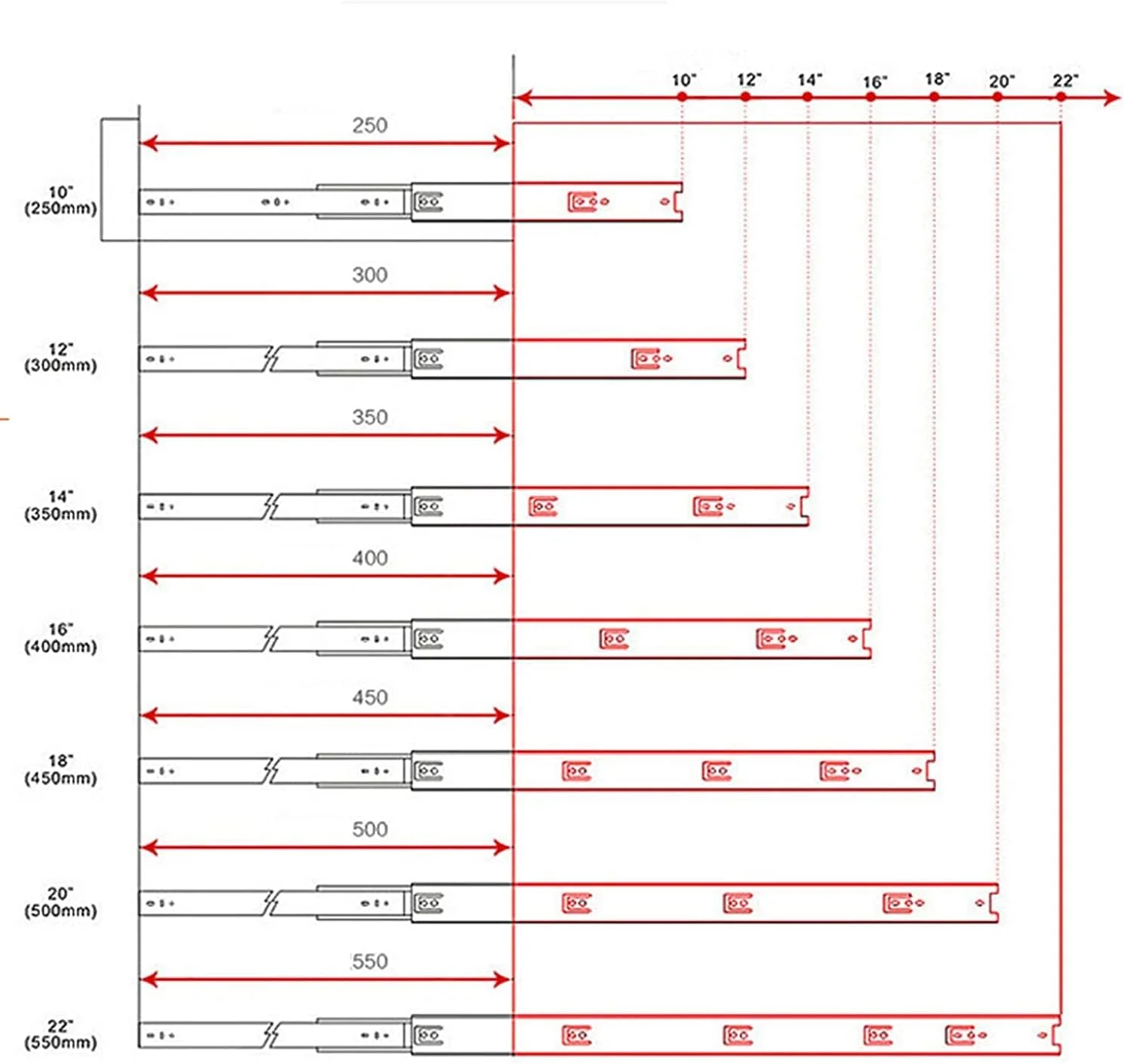 ریل کشو، ریل کشوی ضخیم شده، ریل اسلاید سه قسمتی، اسلاید توپی بی صدای استیل ضد زنگ، ریل بافر میرایی دو قسمتی برای مصارف خانگی، تحمل بار 45 کیلوگرم (1 جفت) (سایز: 350mm/14in)