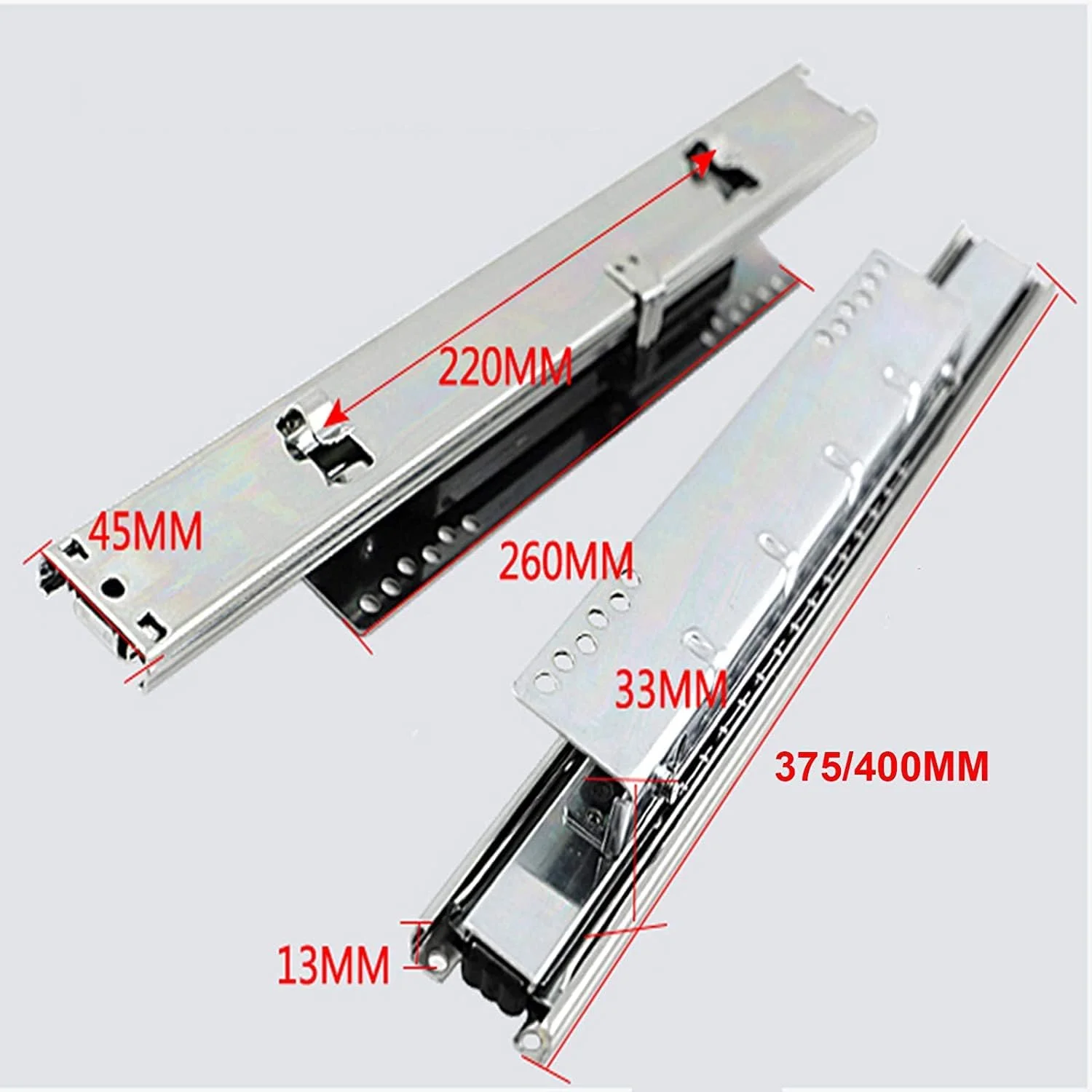 ریل کشویی، ریل کشویی کابینت آشپزخانه، ریل نگهدارنده صفحه کلید بی صدا، با ریل کاملاً بازشو و بافر میرایی، قابل تنظیم، ظرفیت بار 45 کیلوگرم (سایز: 400 میلی متر)