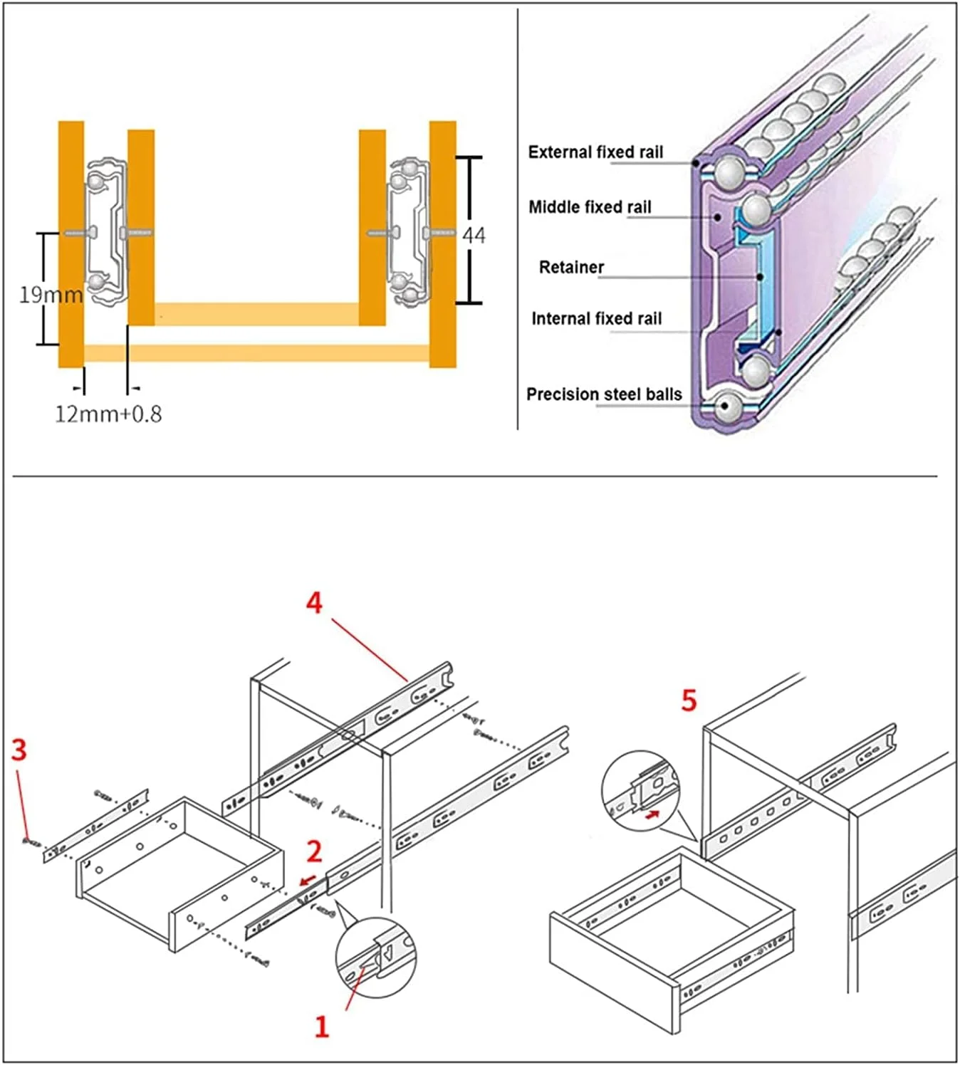 ریل کشو، ریل کشو بلبرینگ استیل ضد زنگ سه قسمتی با بافر میرایی، ریل دو قسمتی، ریل کشو سنگین برای میز و کابینت، تحمل بار 45 کیلوگرم (سایز: 350mm/14in) ریل کشو، ریل کشو بلبرینگ استیل ضد زنگ سه قسمتی با بافر میرایی، ریل دو قسمتی، ریل کشو سنگین برای میز و کابینت، تحمل بار 45 کیلوگرم (سایز: 350mm/14in)