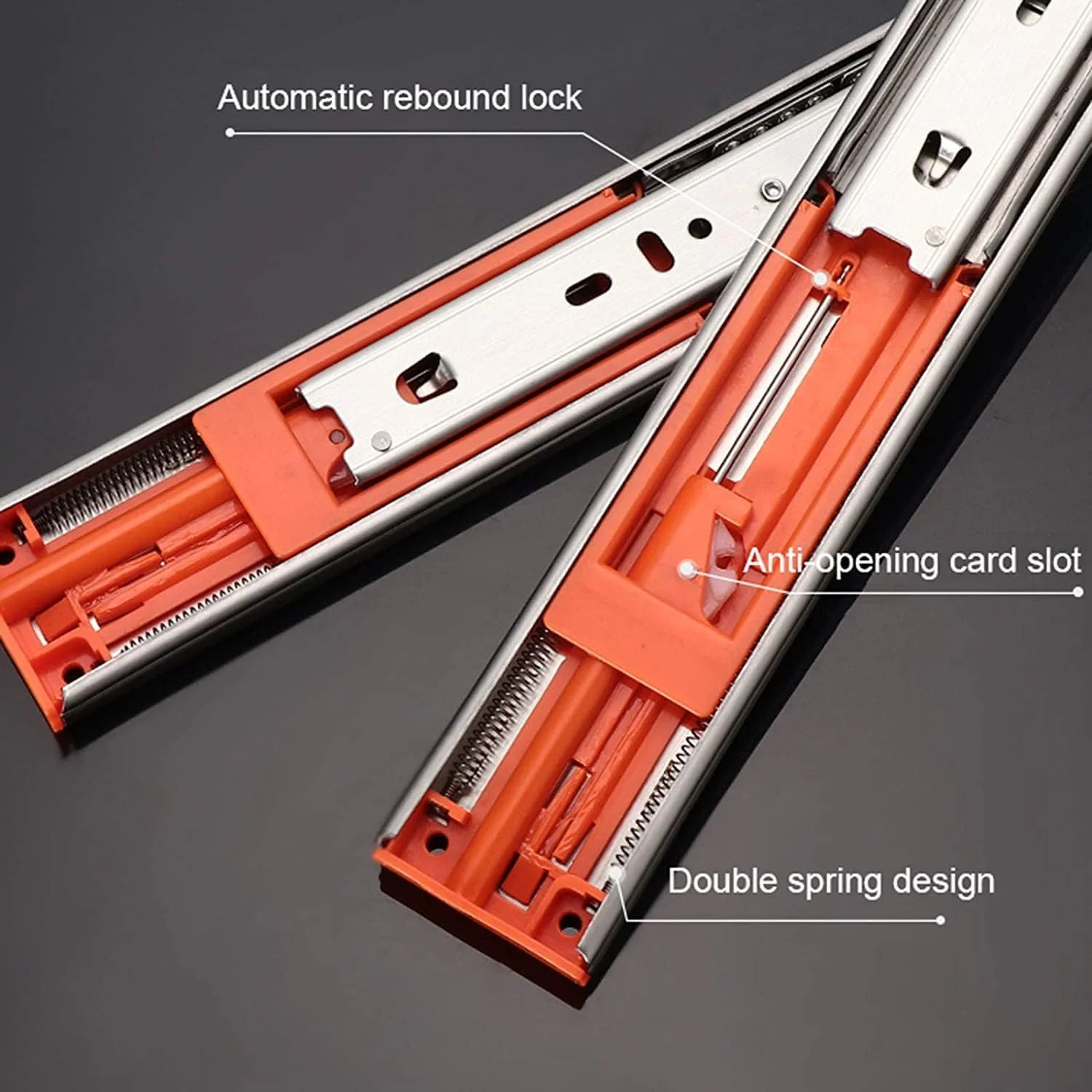 ریل کشو، ریل کشو بلبرینگ استیل ضد زنگ سه قسمتی با بافر میرایی، ریل دو قسمتی، ریل کشو سنگین برای میز و کابینت، تحمل بار 45 کیلوگرم (سایز: 350mm/14in) ریل کشو، ریل کشو بلبرینگ استیل ضد زنگ سه قسمتی با بافر میرایی، ریل دو قسمتی، ریل کشو سنگین برای میز و کابینت، تحمل بار 45 کیلوگرم (سایز: 350mm/14in)