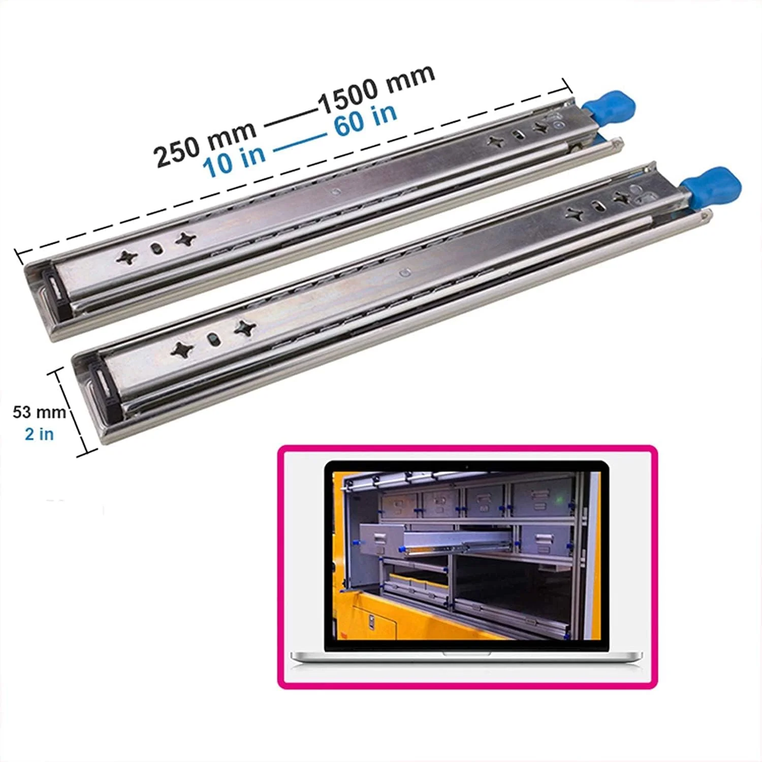 ریل کشو، ریل های صنعتی سنگین و تمام بازشو با قفل و بلبرینگ، ریل های ضخیم سه قسمتی با بستن نرم و بی صدا (سایز: 1300mm/52in) ریل کشو، ریل های صنعتی سنگین و تمام بازشو با قفل و بلبرینگ، ریل های ضخیم سه قسمتی با بستن نرم و بی صدا (سایز: 1300mm/52in)