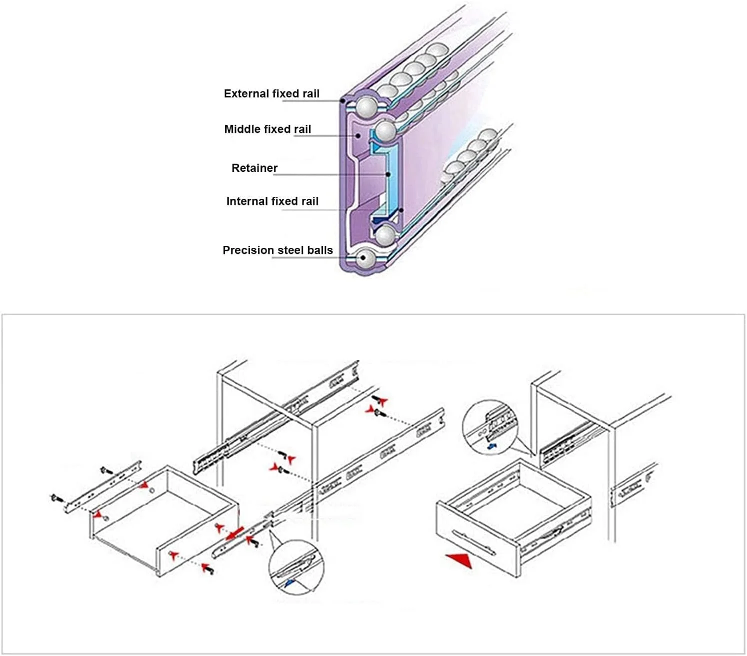 ریل کشو، ریل کشویی سنگین سه قسمتی، ریل کشویی بلبرینگ با فولاد ضد زنگ و حرکت کامل و بی صدا، ریل بافر میرایی دو قسمتی (رنگ: فولاد مشکی، اندازه: 350 میلی متر / 14 اینچ) ریل کشو، ریل کشویی سنگین سه قسمتی، ریل کشویی بلبرینگ با فولاد ضد زنگ و حرکت کامل و بی صدا، ریل بافر میرایی دو قسمتی (رنگ: فولاد مشکی، اندازه: 350 میلی متر / 14 اینچ)