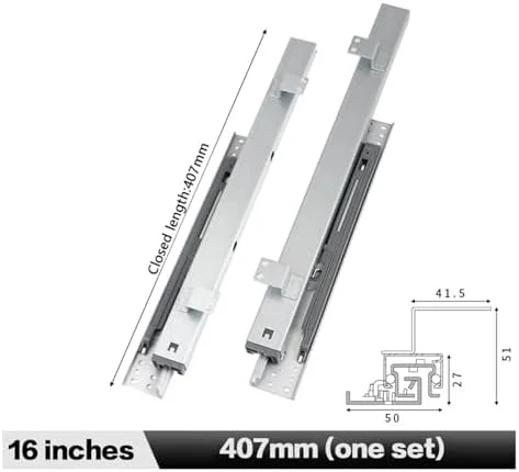ریل کشویی کابینت ویترینی، ریل کشویی بلبرینگ دار نصب شده در کنار، 1 جفت ریل خطی تاشو کشویی مخفی کابینت ویترینی با نصب از پایین (407 میلی متر)