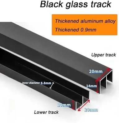 ریل های ویترین، ریل درب شیشه ای کشویی دو کاناله 5 میلی متری سنگین - کیت آلومینیومی مشکی برای ویترین ها، قفسه های کتاب و کمد لباس با غلتک های روان (50 سانتی متر)