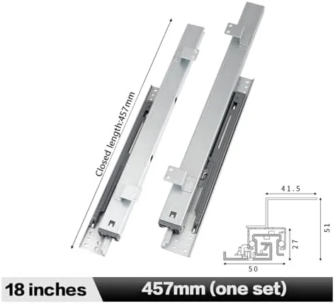 ریل کشویی ویترین، ریل کشو بلبرینگ دار نصب شده در کنار، 1 جفت ریل خطی تاشو کشویی مخفی ویترین کابینت نصب شده در پایین (457 میلی متر)