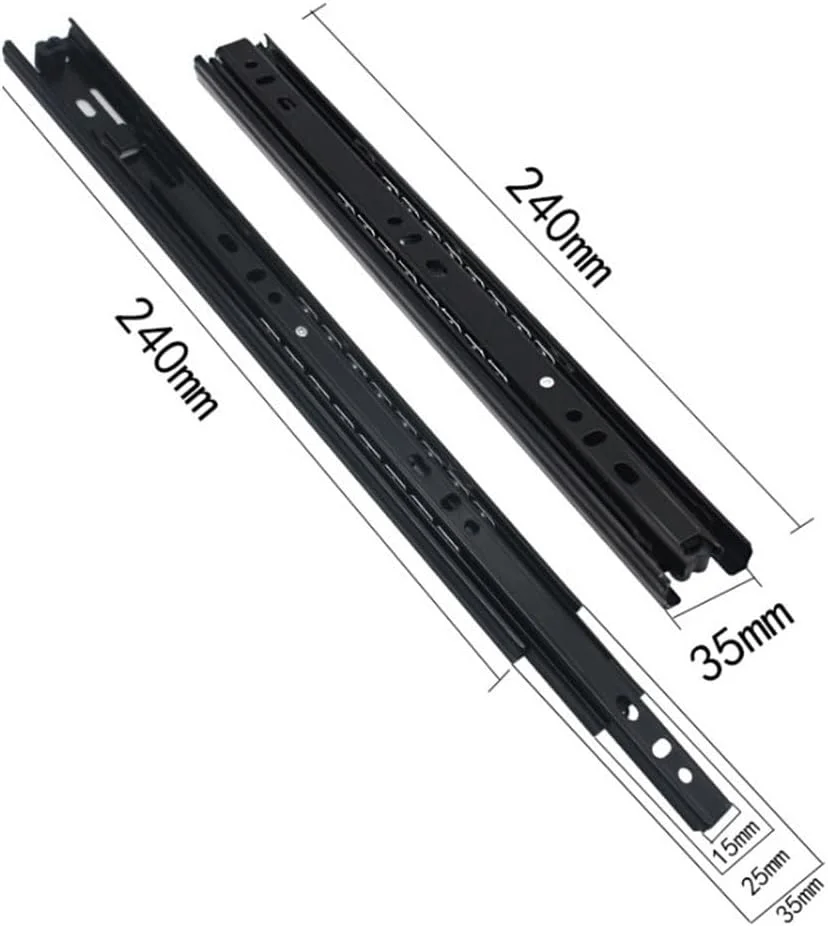 ریل کشو دو تکه با قابلیت باز شدن کامل، نصب جانبی، بلبرینگ، مناسب کمد، دراور، ریل های کمد لباس، سطل زباله آشپزخانه، طول 24 سانتی متر (مشکی) ریل کشو دو تکه با قابلیت باز شدن کامل، نصب جانبی، بلبرینگ، مناسب کمد، دراور، ریل های کمد لباس، سطل زباله آشپزخانه، طول 24 سانتی متر (مشکی)