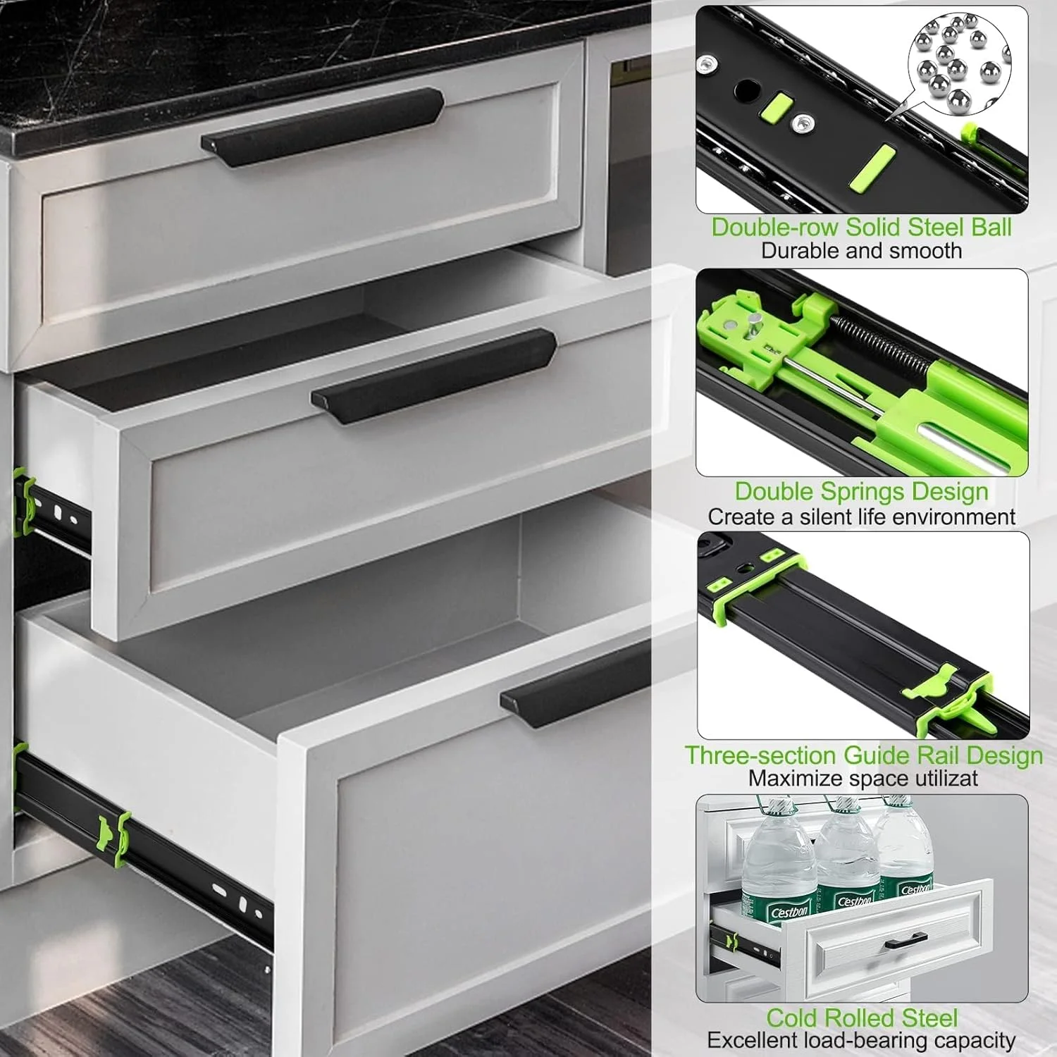 ریل کشو آرام بند دفسدار 2 عددی، ریل کشو با باز شدن کامل 3 لایه، ریل بلبرینگ استیل ضد زنگ ضخیم تر، مسیر ریل کابینت (30 سانتی متر) ریل کشو آرام بند دفسدار 2 عددی، ریل کشو با باز شدن کامل 3 لایه، ریل بلبرینگ استیل ضد زنگ ضخیم تر، مسیر ریل کابینت (30 سانتی متر)