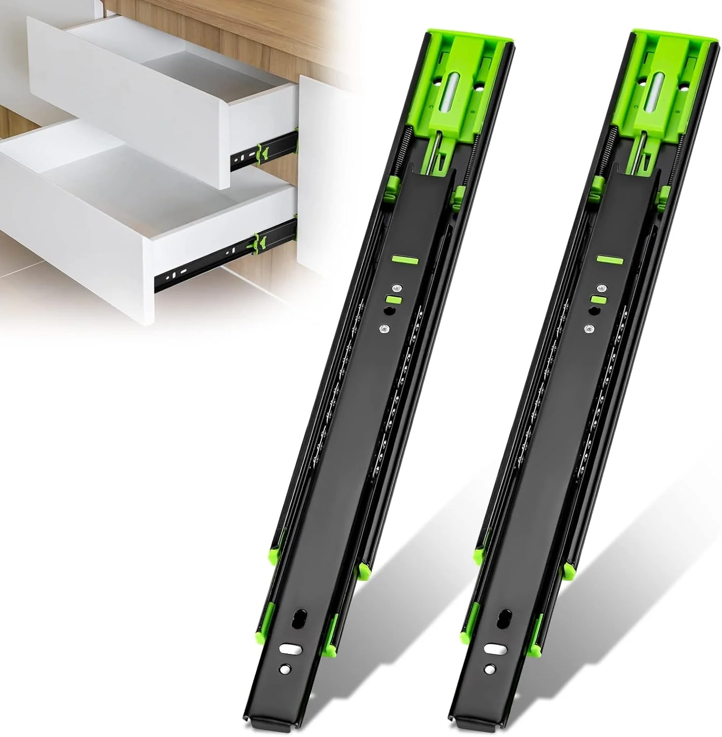 ریل کشویی دو تکه دفسدار با نمای کم و مکانیزم بسته شدن نرم، سه لایه فولاد ضد زنگ ضخیم تر با بلبرینگ، ریل های مشکی رنگ نصب جانبی برای جعبه ابزار بدون دستگیره ریل کشویی دو تکه دفسدار با نمای کم و مکانیزم بسته شدن نرم، سه لایه فولاد ضد زنگ ضخیم تر با بلبرینگ، ریل های مشکی رنگ نصب جانبی برای جعبه ابزار بدون دستگیره