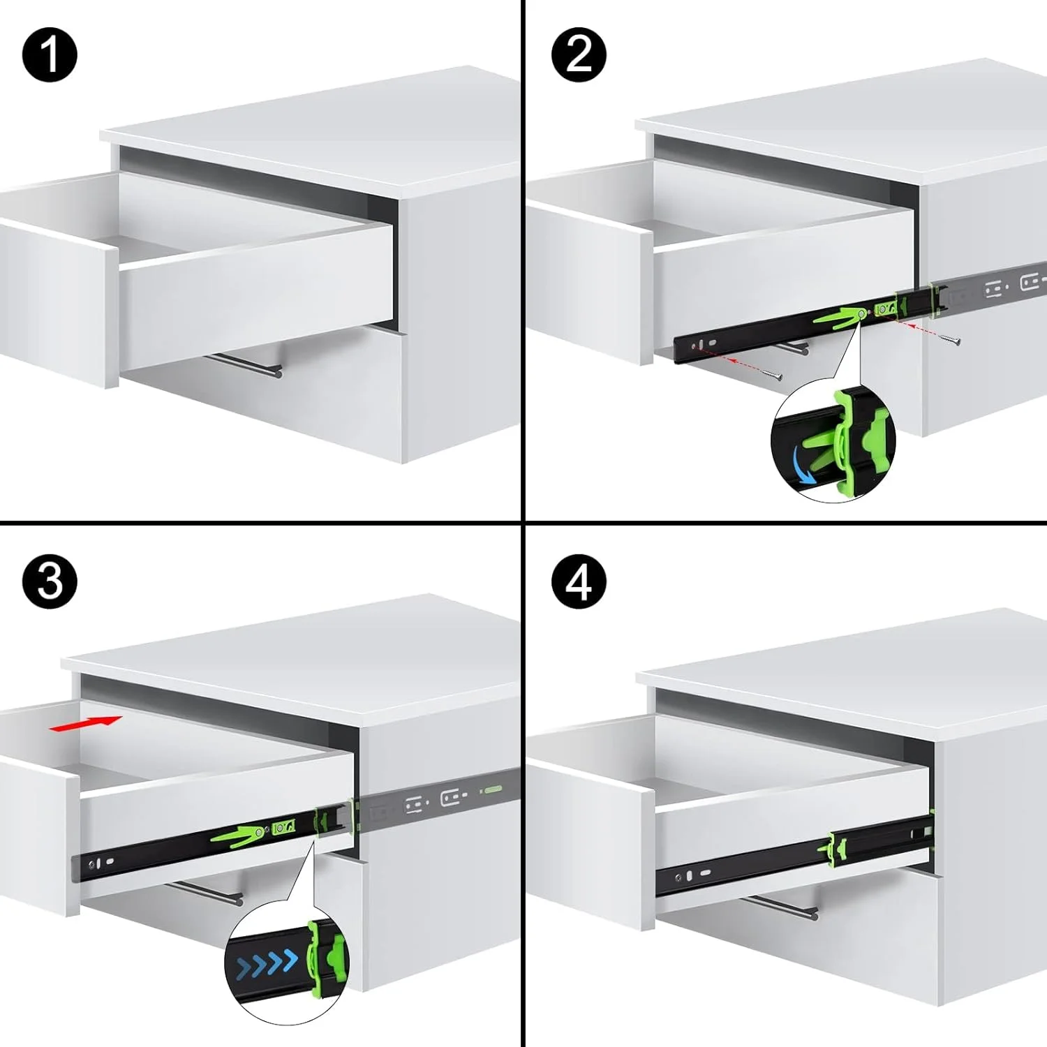 ریل کشویی دو تکه دفسدار با نمای کم و مکانیزم بسته شدن نرم، سه لایه فولاد ضد زنگ ضخیم تر با بلبرینگ، ریل های مشکی رنگ نصب جانبی برای جعبه ابزار بدون دستگیره ریل کشویی دو تکه دفسدار با نمای کم و مکانیزم بسته شدن نرم، سه لایه فولاد ضد زنگ ضخیم تر با بلبرینگ، ریل های مشکی رنگ نصب جانبی برای جعبه ابزار بدون دستگیره