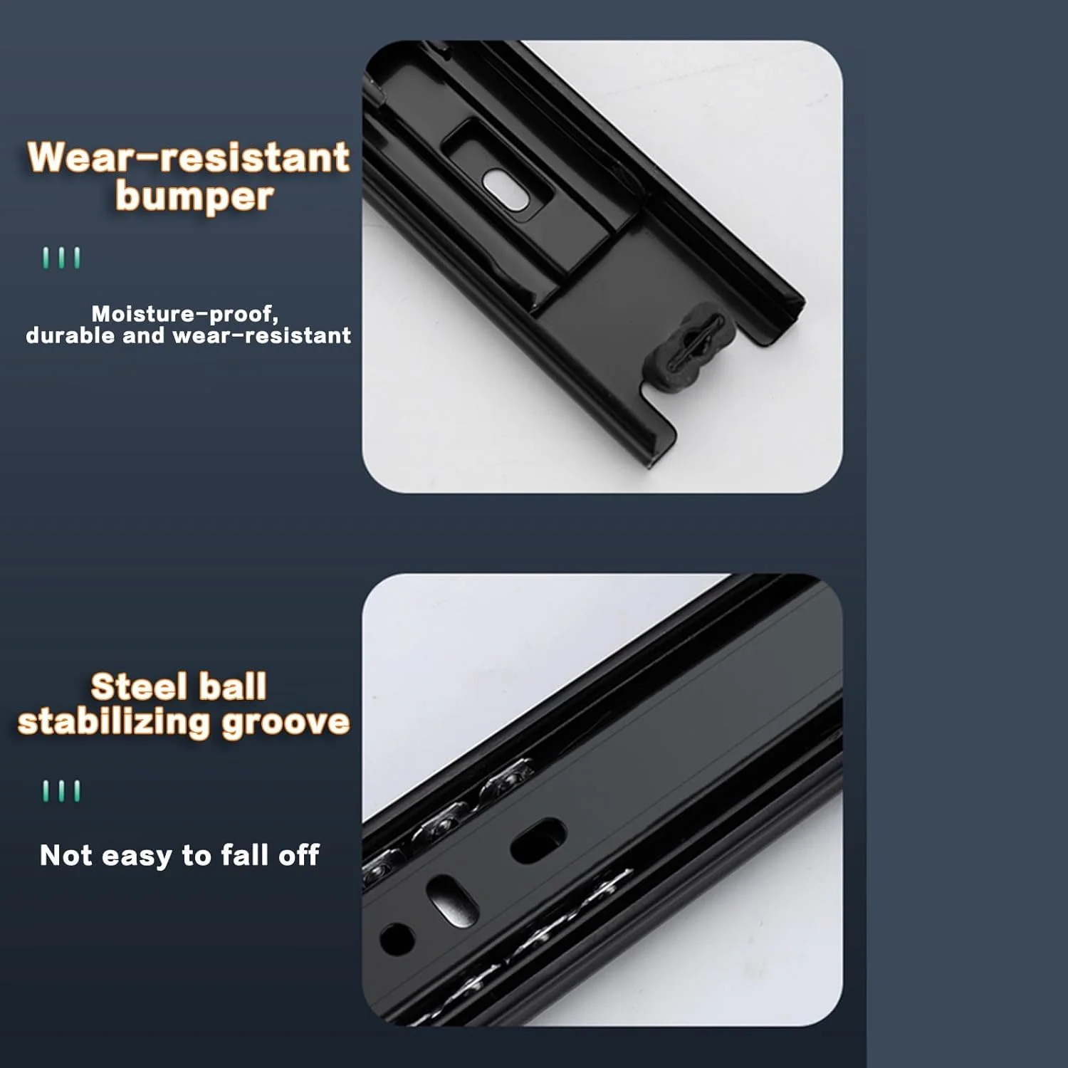 ریل کشویی دو تکه دفسدار با نمای کم و مکانیزم بسته شدن نرم، سه لایه فولاد ضد زنگ ضخیم تر با بلبرینگ، ریل های مشکی رنگ نصب جانبی برای جعبه ابزار بدون دستگیره ریل کشویی دو تکه دفسدار با نمای کم و مکانیزم بسته شدن نرم، سه لایه فولاد ضد زنگ ضخیم تر با بلبرینگ، ریل های مشکی رنگ نصب جانبی برای جعبه ابزار بدون دستگیره