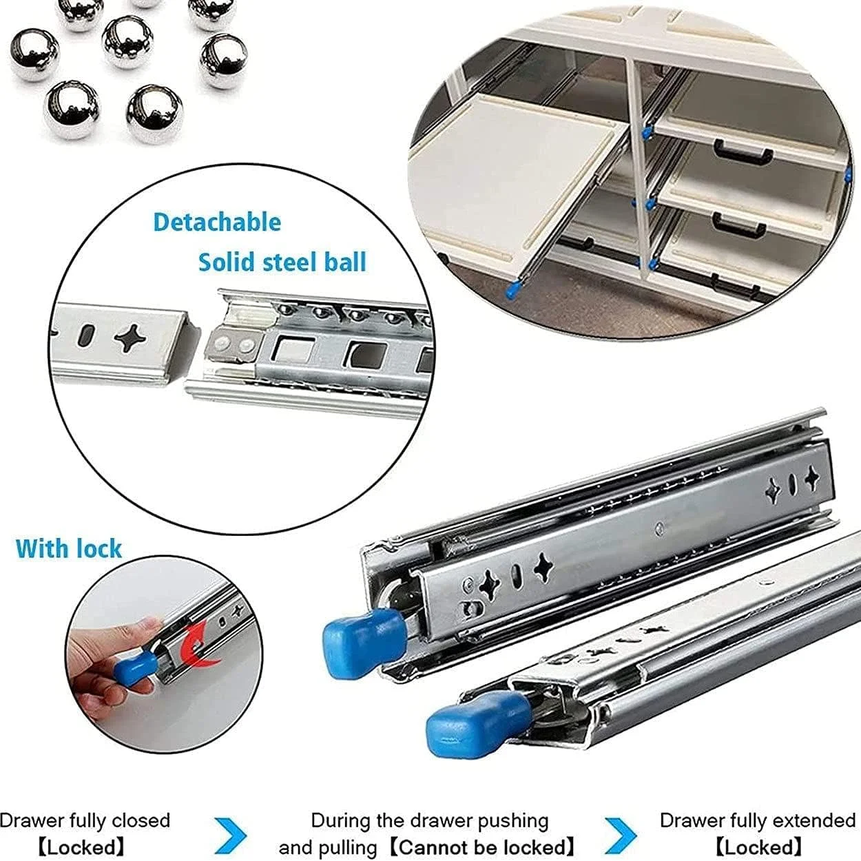 ریل کشو DDCHH نصب جانبی سه تایی با قابلیت باز شدن کامل 10-60 اینچ، ریل تلسکوپی کشو با قفل، سنگین، ظرفیت بار 120 کیلوگرم، 1 جفت، 58 اینچ/1450 میلی متر