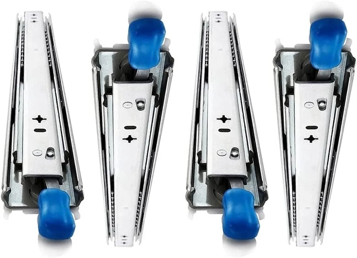 ریل کشویی صنعتی فولادی نورد سرد، 3 قسمتی با بلبرینگ و بازشوندگی کامل، سنگین، با قفل، (2 جفت)، رنگی