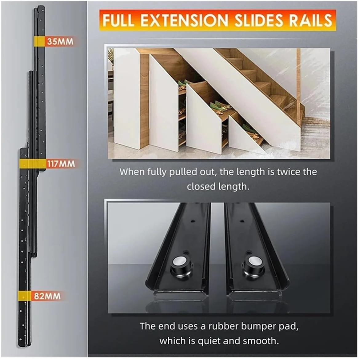 یک جفت ریل کشو سنگین وزن نصب از پایین، ظرفیت بارگیری 120 کیلوگرم، بلبرینگ با حرکت کامل، ریل پله مخفی کابینت، سفید 1000