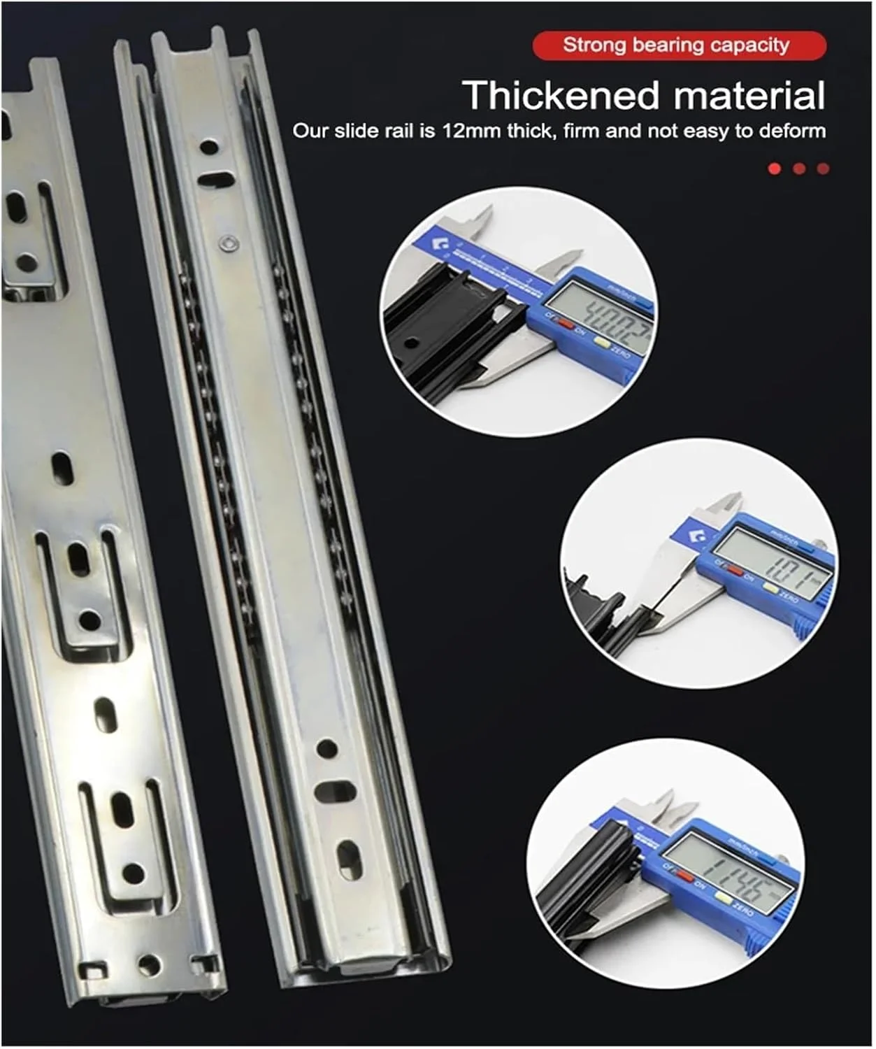 ریل کشو کابینت سنگین 25 تا 50 سانتیمتری با مکانیزم آرام بند، سه تکه، ریل های کشویی با قابلیت باز شدن کامل و ضربه گیر ریل کشو کابینت سنگین 25 تا 50 سانتیمتری با مکانیزم آرام بند، سه تکه، ریل های کشویی با قابلیت باز شدن کامل و ضربه گیر