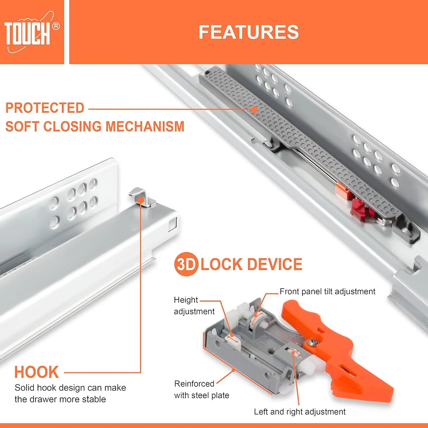 ریل کشویی تاچ (یک جفت، 305 میلیمتر/12 اینچ) زیر نصب برای ضخامت 1/2 و 5/8 اینچ، حرکت نرم و خودکار، مناسب برای آشپزخانه/کشو لباس، ریل زیرین/پایینی، ظرفیت 34 کیلوگرم، دارای قفل قابل تنظیم سه بعدی ریل کشویی تاچ (یک جفت، 305 میلیمتر/12 اینچ) زیر نصب برای ضخامت 1/2 و 5/8 اینچ، حرکت نرم و خودکار، مناسب برای آشپزخانه/کشو لباس، ریل زیرین/پایینی، ظرفیت 34 کیلوگرم، دارای قفل قابل تنظیم سه بعدی