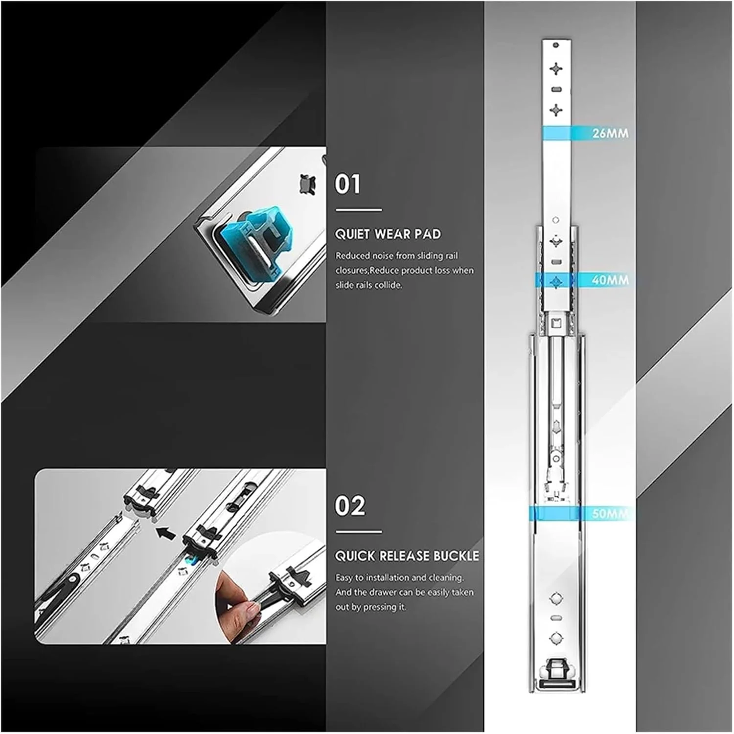 یک جفت ریل کشو سنگین با ظرفیت بار 120 کیلوگرم، باز شدن کامل، نصب جانبی، مناسب برای کابینت (26 اینچ 65 سانتی متر) یک جفت ریل کشو سنگین با ظرفیت بار 120 کیلوگرم، باز شدن کامل، نصب جانبی، مناسب برای کابینت (26 اینچ 65 سانتی متر)