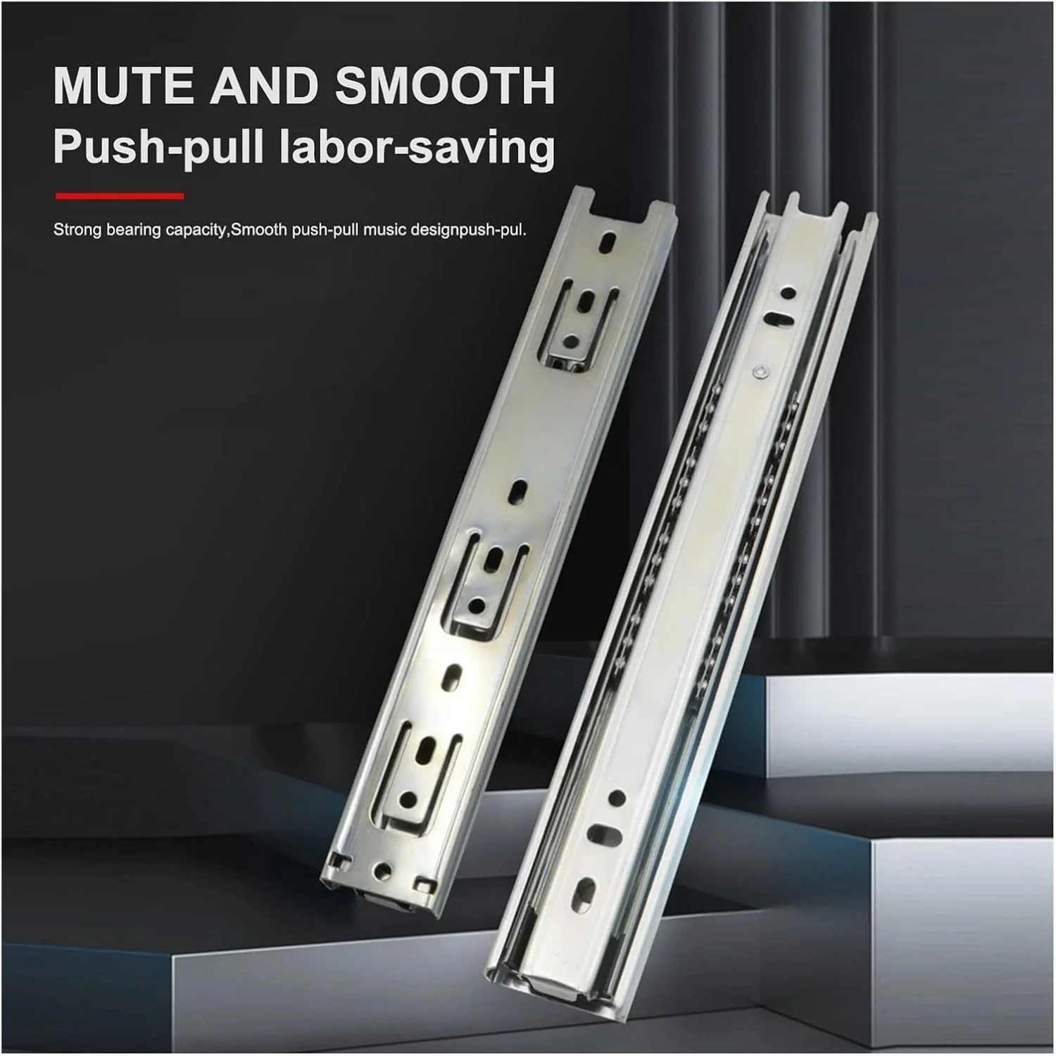 ریل کشو کابینت سنگین 25 تا 50 سانتیمتری با مکانیزم آرام بند، سه تکه، ریل های کشویی با قابلیت باز شدن کامل و ضربه گیر ریل کشو کابینت سنگین 25 تا 50 سانتیمتری با مکانیزم آرام بند، سه تکه، ریل های کشویی با قابلیت باز شدن کامل و ضربه گیر