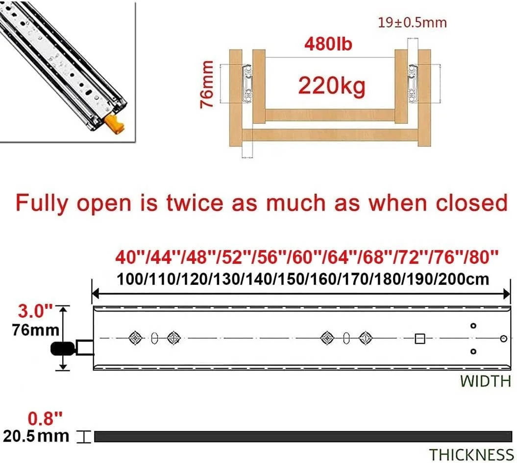 ریل کشویی سنگین 100 تا 200 سانتی‌متری با قفل، ریل سخت‌افزاری بلبرینگ، ریل کشویی سه قسمتی با باز شدن کامل، صدای کم، ظرفیت 220 کیلوگرم (150 سانتی‌متر)