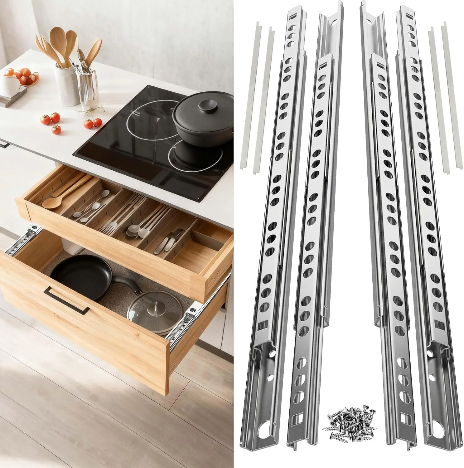 4 عدد ریل کشو بلبرینگی 45 سانتی متری - ریل کشویی دو طرفه، ریل کشو فلزی نازک برای کابینت آشپزخانه، کمد، مبلمان DIY - حرکت روان با باز شدن کامل، نصب آسان 4 عدد ریل کشو بلبرینگی 45 سانتی متری - ریل کشویی دو طرفه، ریل کشو فلزی نازک برای کابینت آشپزخانه، کمد، مبلمان DIY - حرکت روان با باز شدن کامل، نصب آسان