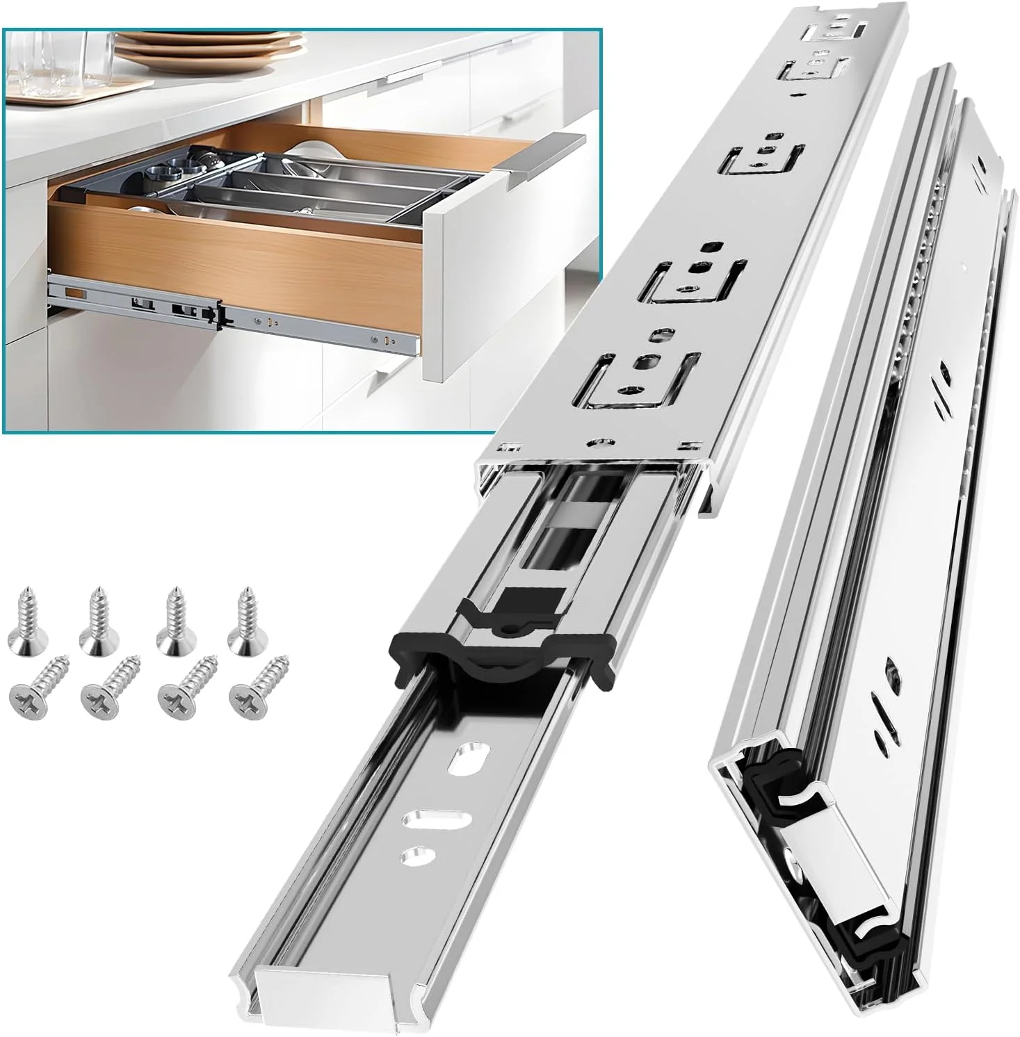 ریل کشو آلیشنگ، یک جفت، باز شدن کامل، سایزهای 8، 10، 12، 14، 16، 18، 20، 22، 24 اینچ، ظرفیت بار 45 کیلوگرم، نصب جانبی، بلبرینگ دار، فلزی، مناسب برای کمد، فایل، سطل زباله، لغزنده آشپزخانه، نقره ای ریل کشو آلیشنگ، یک جفت، باز شدن کامل، سایزهای 8، 10، 12، 14، 16، 18، 20، 22، 24 اینچ، ظرفیت بار 45 کیلوگرم، نصب جانبی، بلبرینگ دار، فلزی، مناسب برای کمد، فایل، سطل زباله، لغزنده آشپزخانه، نقره ای
