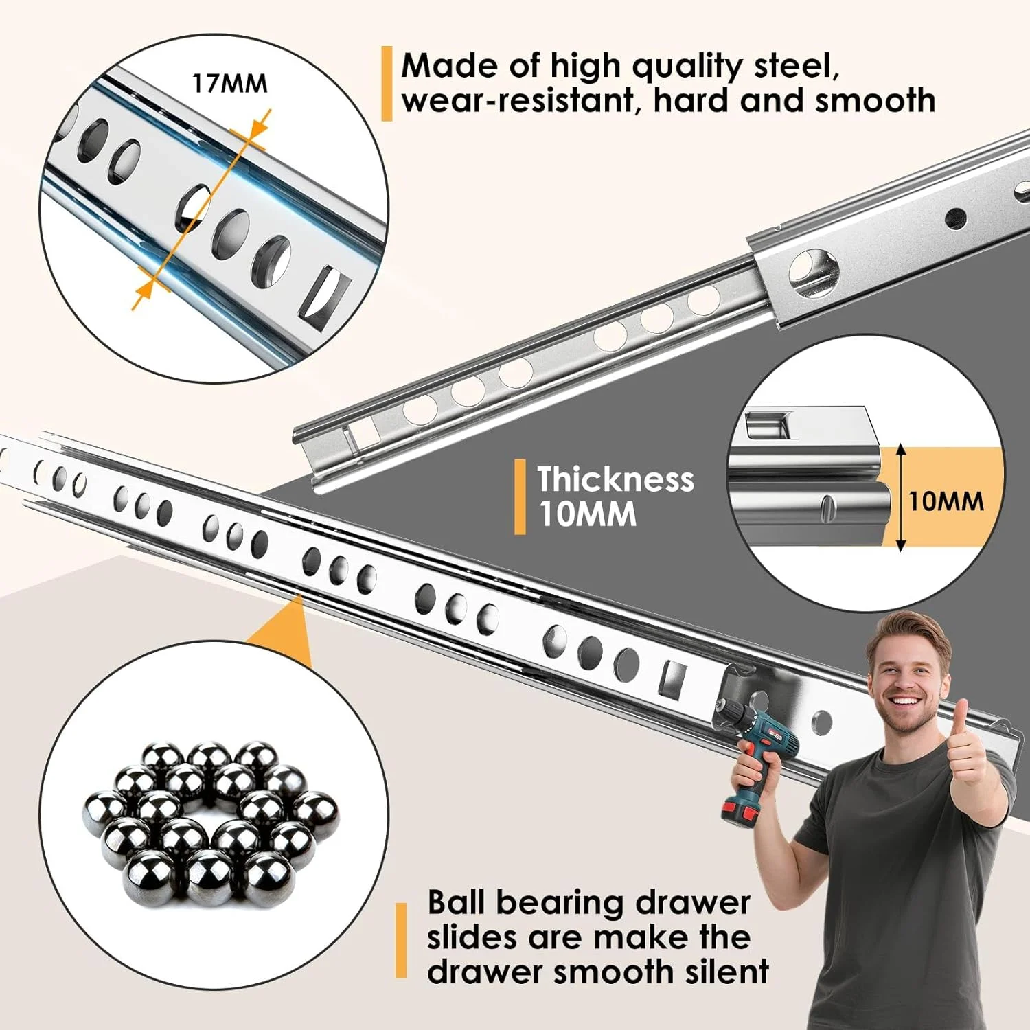 4 عدد ریل کشو بلبرینگی 45 سانتی متری - ریل کشویی دو طرفه، ریل کشو فلزی نازک برای کابینت آشپزخانه، کمد، مبلمان DIY - حرکت روان با باز شدن کامل، نصب آسان 4 عدد ریل کشو بلبرینگی 45 سانتی متری - ریل کشویی دو طرفه، ریل کشو فلزی نازک برای کابینت آشپزخانه، کمد، مبلمان DIY - حرکت روان با باز شدن کامل، نصب آسان
