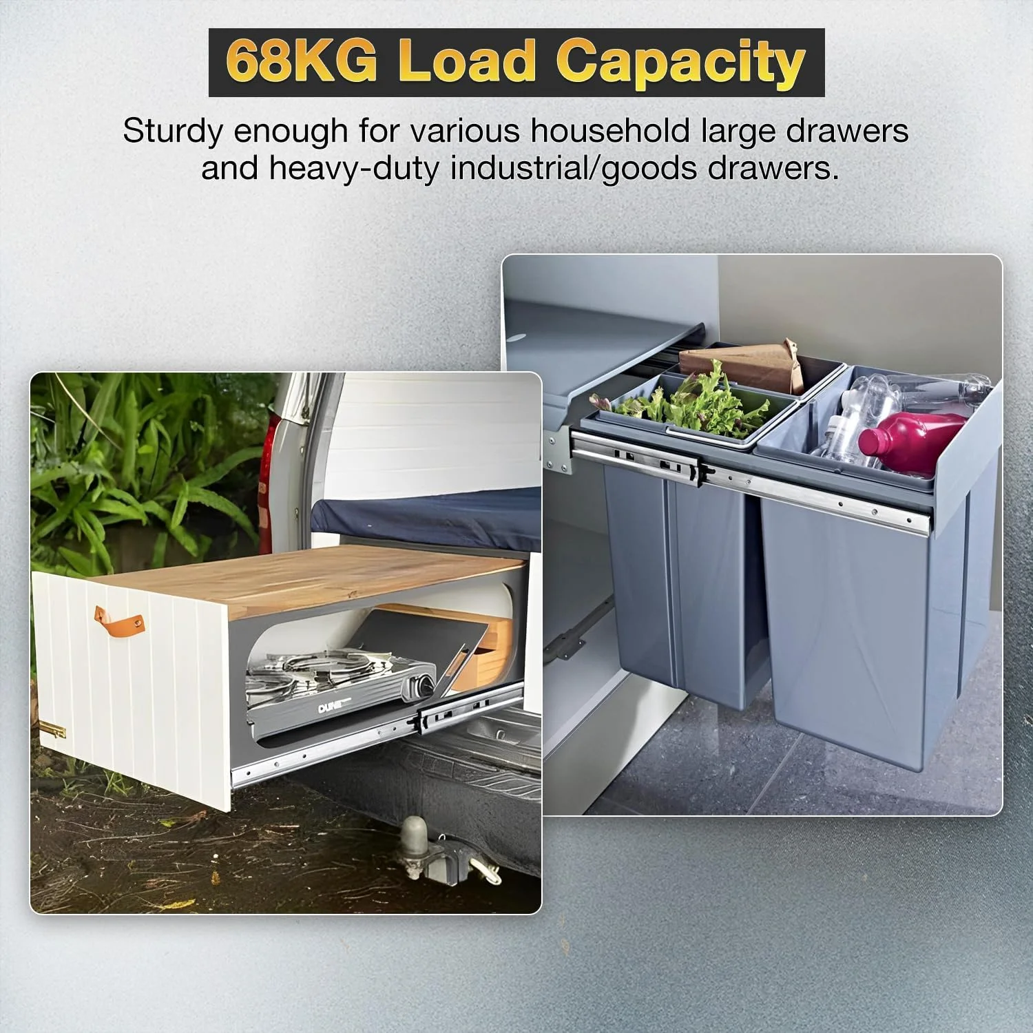 ریل کشویی بلبرینگی سنگین 40 سانتی متری آزون، ظرفیت بار 68 کیلوگرم، سه تکه بازشو کامل، ریل های فلزی خاکستری نصب جانبی (یک جفت)