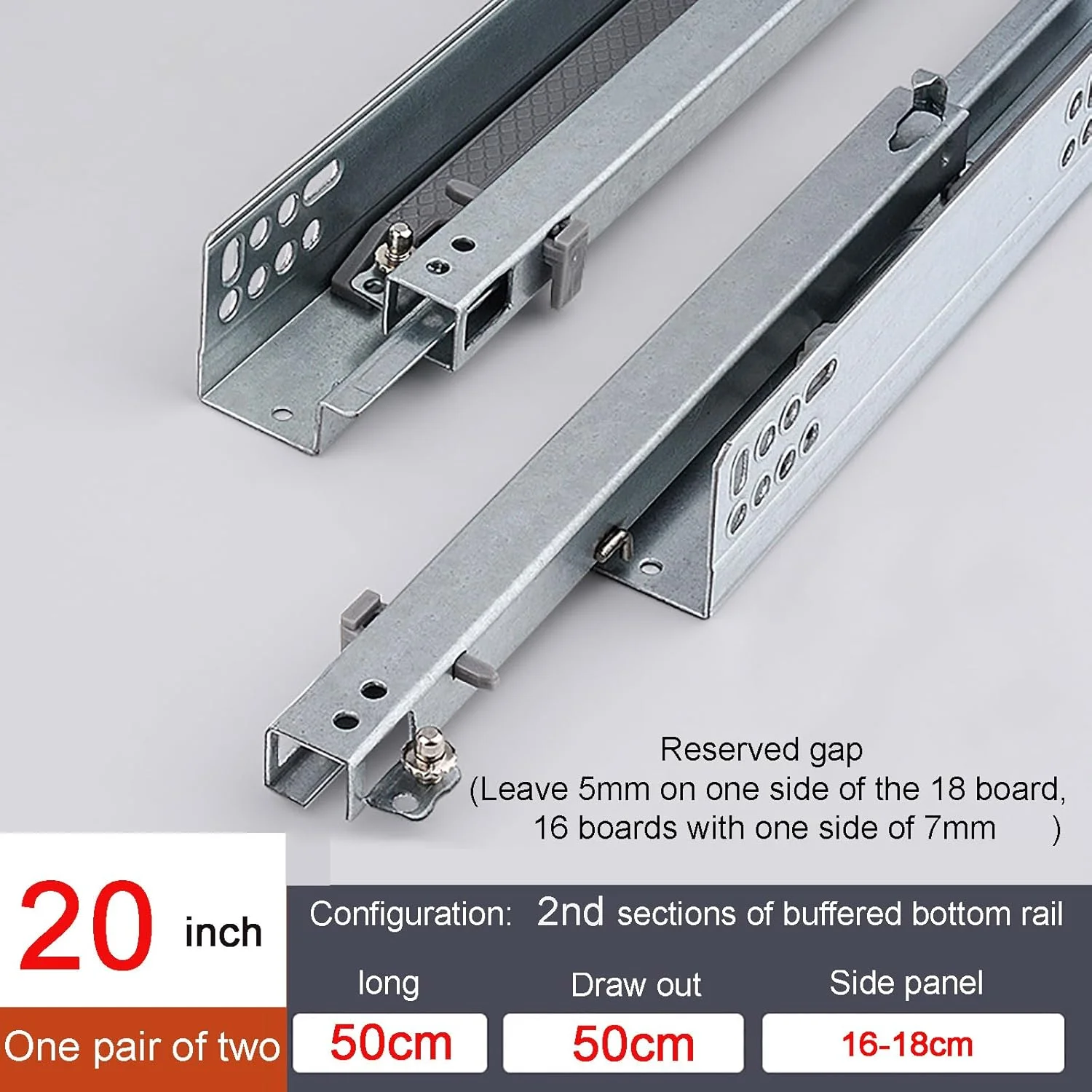 ریل کشویی مخفی کابینت 25 تا 55 سانتی‌متری، ریل بافر دو/سه قسمتی + بازگشت فشاری/ضد گیرکردن دست، مناسب برای انواع کشوها، 50 سانتی‌متر، 2 عدد بافر