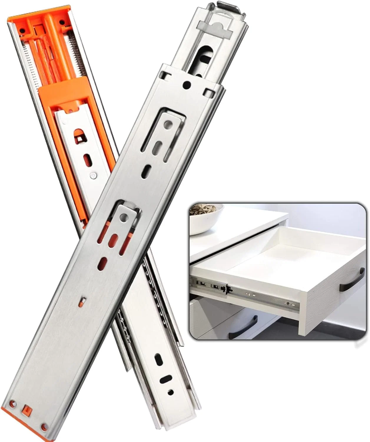 ریل کشو سه قسمتی با مکانیزم آرام بند، ریل های بلبرینگی کابینت با باز شدن کامل، حرکت روان و صدای کم، تحمل وزن 45 کیلوگرم (یک جفت)، رنگی ریل کشو سه قسمتی با مکانیزم آرام بند، ریل های بلبرینگی کابینت با باز شدن کامل، حرکت روان و صدای کم، تحمل وزن 45 کیلوگرم (یک جفت)، رنگی