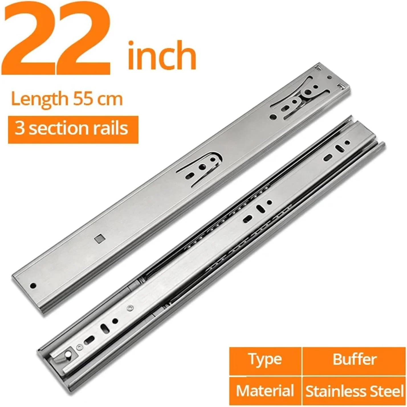 ریل کشو استیل ضد زنگ 10 تا 22 اینچ با مکانیزم آرام بند، ریل سه تکه کشو، سخت افزار مبلمان کابینت (بافر 55 سانتی متر 22 اینچ) ریل کشو استیل ضد زنگ 10 تا 22 اینچ با مکانیزم آرام بند، ریل سه تکه کشو، سخت افزار مبلمان کابینت (بافر 55 سانتی متر 22 اینچ)