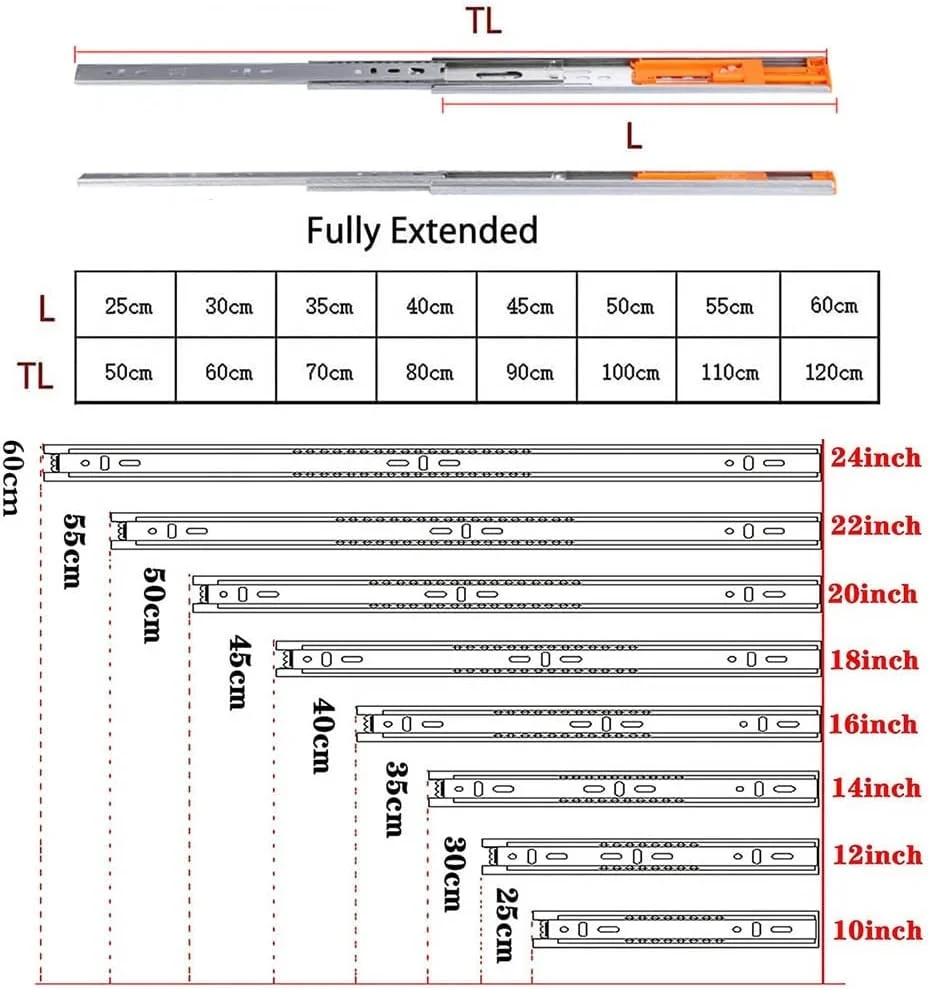 ریل کشو سه قسمتی با مکانیزم آرام بند، ریل های بلبرینگی کابینت با باز شدن کامل، حرکت روان و صدای کم، تحمل وزن 45 کیلوگرم (یک جفت)، رنگی ریل کشو سه قسمتی با مکانیزم آرام بند، ریل های بلبرینگی کابینت با باز شدن کامل، حرکت روان و صدای کم، تحمل وزن 45 کیلوگرم (یک جفت)، رنگی