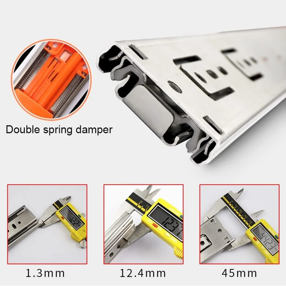 ریل کشو سه قسمتی با مکانیزم آرام بند، ریل های بلبرینگی کابینت با باز شدن کامل، حرکت روان و صدای کم، تحمل وزن 45 کیلوگرم (یک جفت)، رنگی ریل کشو سه قسمتی با مکانیزم آرام بند، ریل های بلبرینگی کابینت با باز شدن کامل، حرکت روان و صدای کم، تحمل وزن 45 کیلوگرم (یک جفت)، رنگی