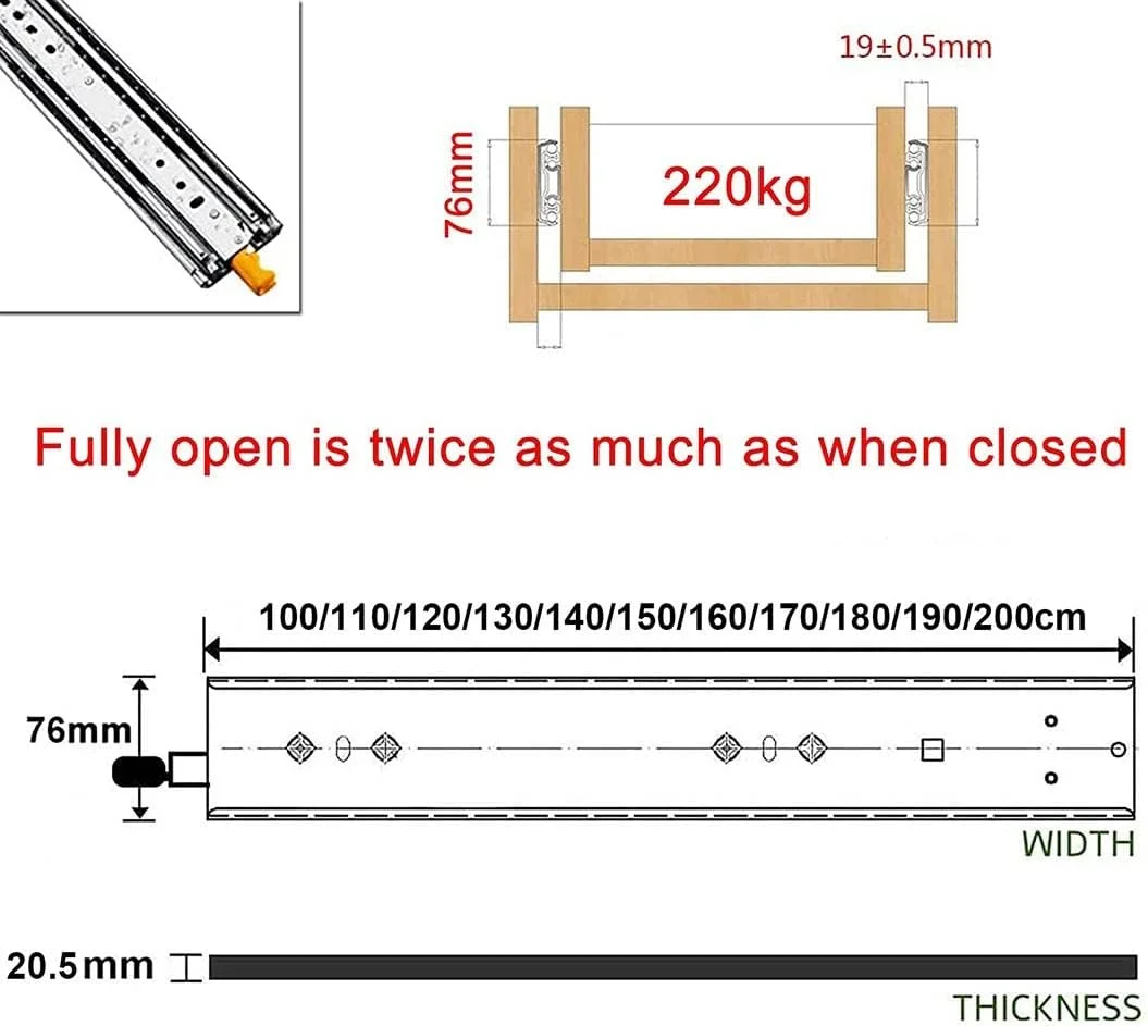 ریل کشو، ریل های بلبرینگ فولادی، ریل های فوق سنگین با باز شدن کامل 1000-2000 میلی متری، برای کابینت های ابزار و تجهیزات بزرگ (تک رنگ 110 سانتی متر (44 اینچ))