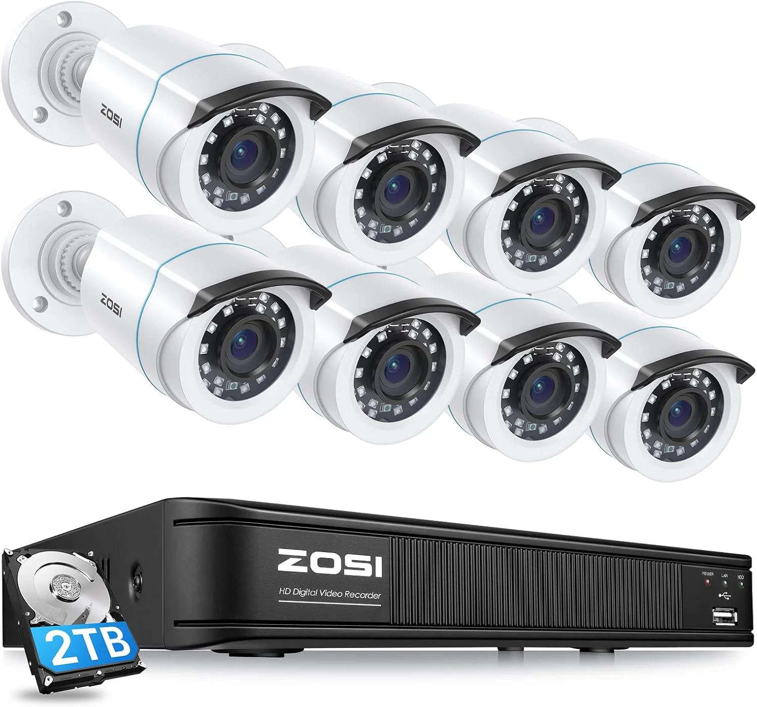 سیستم دوربین مداربسته خانگی ZOSI 1080P H.265+ با تشخیص انسان و وسیله نقلیه با هوش مصنوعی، ضبط کننده DVR مداربسته 8 کانال 5MP 3K Lite با هارد دیسک 2 ترابایتی و 8 عدد دوربین گلوله ای نظارتی 1080p مناسب فضای داخلی و خارجی