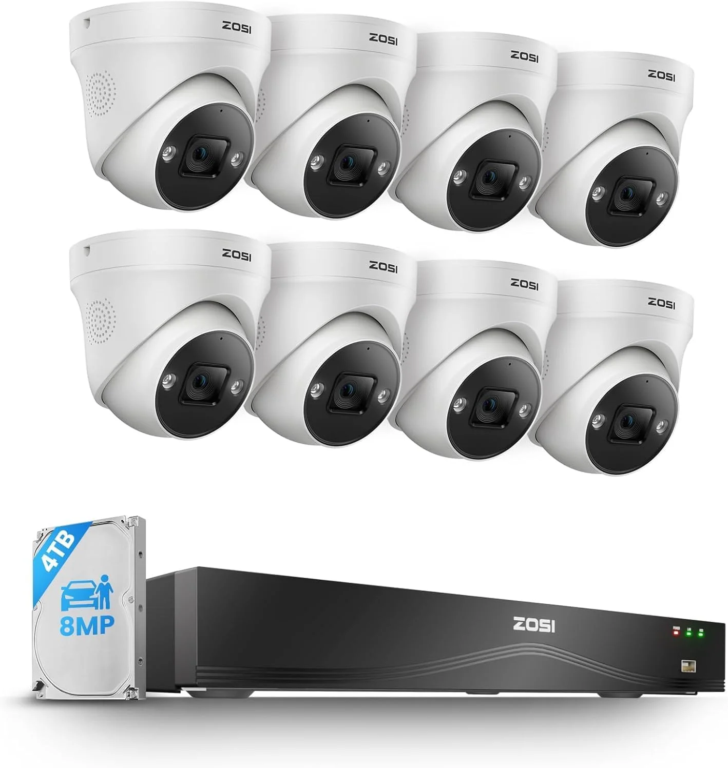 سیستم دوربین مداربسته تحت شبکه 4K PoE زوسی، دستگاه ضبط NVR شانزده پورت 24 کانال 8 مگاپیکسل با هارد دیسک 4 ترابایتی، 8 عدد دوربین تحت شبکه PoE 4K مناسب فضای داخلی و خارجی، تشخیص چهره/شخص/خودرو، صدای دو طرفه، دید در شب، پشتیبان گیری دوگانه برای ضبط 24/7