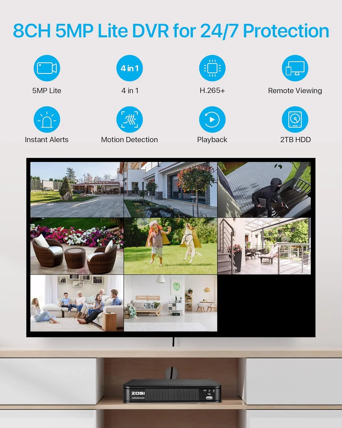 سیستم دوربین مداربسته خانگی ZOSI 1080P H.265+ با تشخیص انسان و وسیله نقلیه با هوش مصنوعی، ضبط کننده DVR مداربسته 8 کانال 5MP 3K Lite با هارد دیسک 2 ترابایتی و 8 عدد دوربین گلوله ای نظارتی 1080p مناسب فضای داخلی و خارجی سیستم دوربین مداربسته خانگی ZOSI 1080P H.265+ با تشخیص انسان و وسیله نقلیه با هوش مصنوعی، ضبط کننده DVR مداربسته 8 کانال 5MP 3K Lite با هارد دیسک 2 ترابایتی و 8 عدد دوربین گلوله ای نظارتی 1080p مناسب فضای داخلی و خارجی