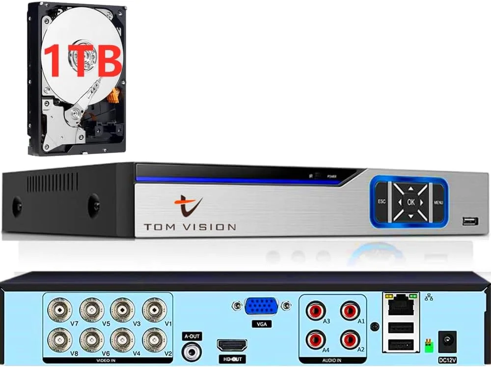 دستگاه ضبط ویدیویی نظارتی توم ویژن CCTV DVR با 8 کانال 5 مگاپیکسل H.265+ برای سیستم دوربین مداربسته آنالوگ/AHD/TVI/IP، تشخیص هوشمند انسان/خودرو با هوش مصنوعی، مشاهده از راه دور شامل هارد دیسک 1 ترابایتی