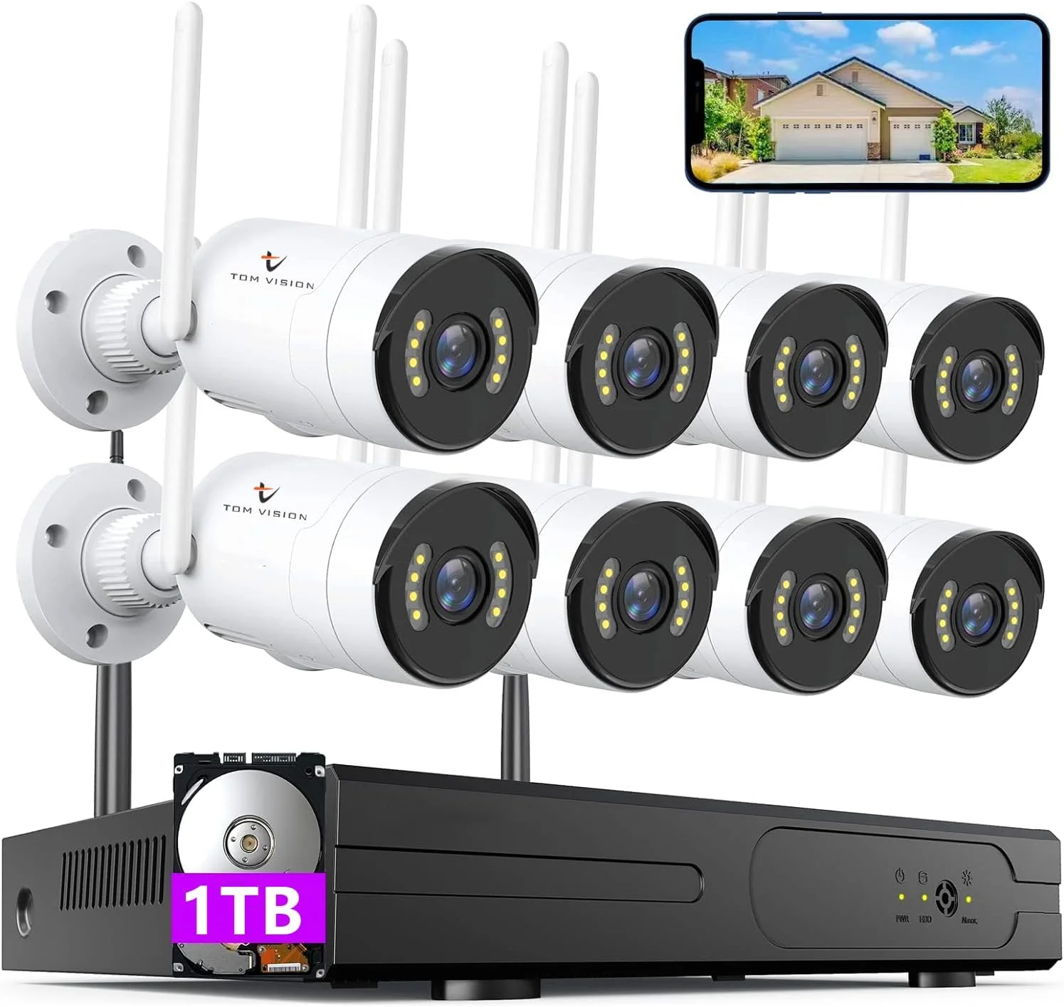 سیستم دوربین مداربسته وای فای 3 مگاپیکسلی Tomvision با نورافکن، 10 کانال NVR، هارد دیسک 1 ترابایتی، کیت نظارت تصویری مداربسته خانگی، مجموعه 8 عددی دوربین های IP داخلی و خارجی، برنامه رایگان تلفن همراه، دید در شب