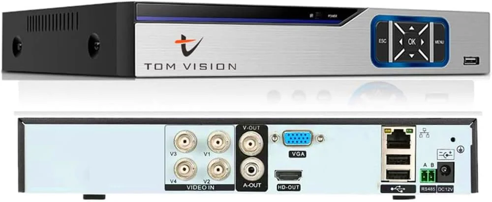 دستگاه ضبط ویدیویی دوربین مداربسته Tomvision CCTV DVR با 4 کانال 5MP Lite H.265+ برای سیستم دوربین مداربسته آنالوگ/AHD/TVI/IP، تشخیص هوشمند انسان/خودرو با هوش مصنوعی، هشدار ایمیلی با عکس، مشاهده از راه دور