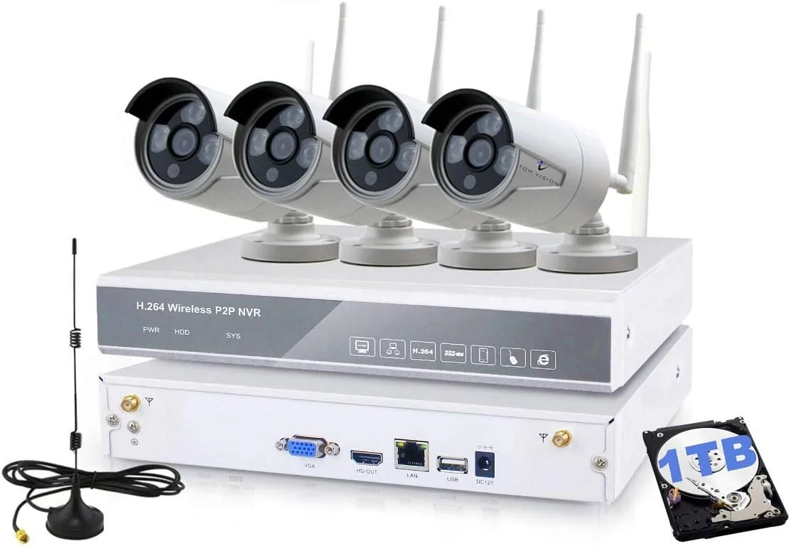 سیستم دوربین مداربسته بی سیم 10 کاناله Tomvision با قابلیت گسترش، مناسب برای امنیت خانه، شامل کیت NVR با کیفیت 2K/5MP و 4 عدد دوربین 3.0MP HD با آنتن، شبکه IP، وای فای، میکروفون، دید در شب، دسترسی از راه دور و تشخیص حرکت (سفید + 1 ترابایت)