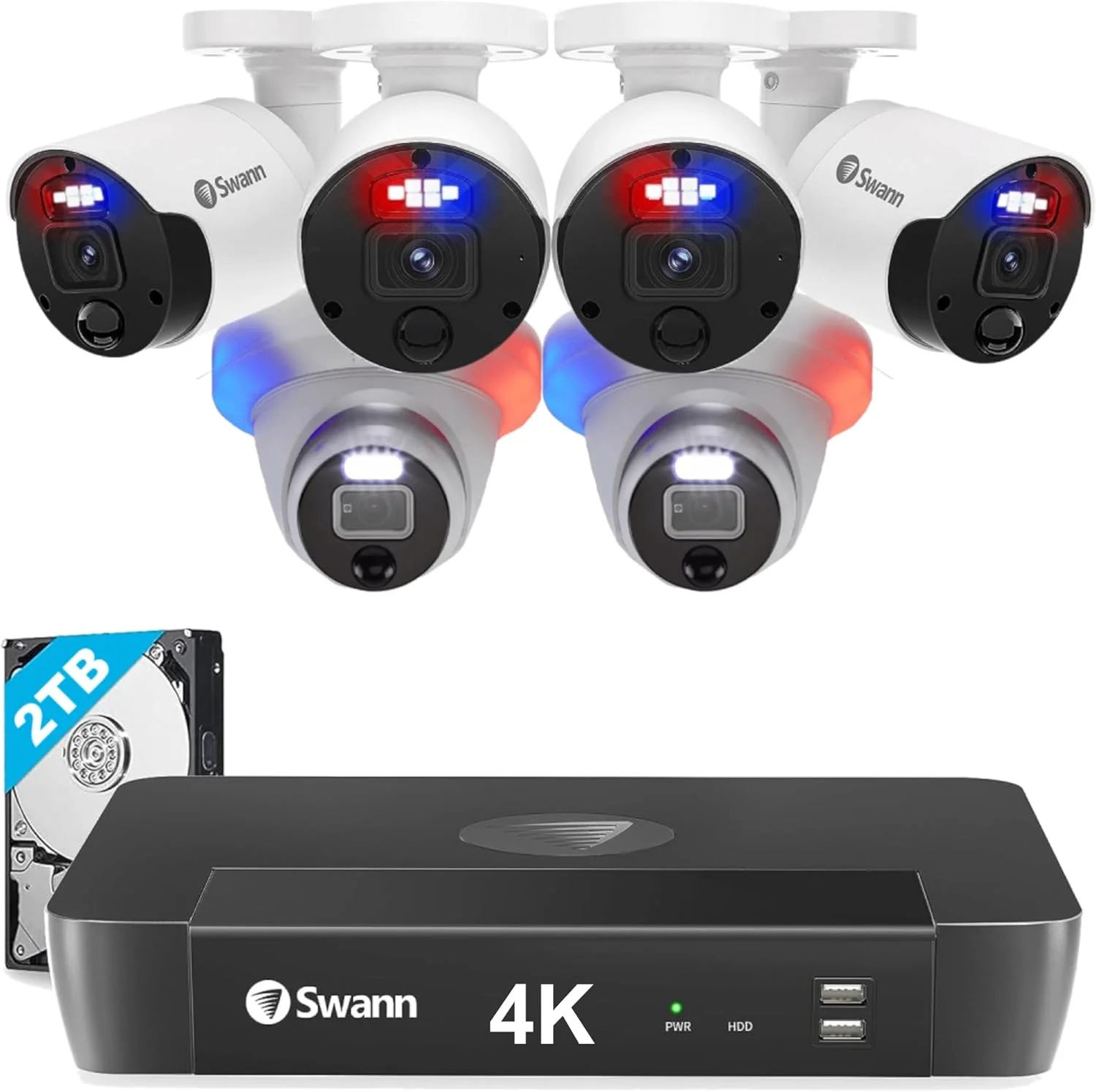 سیستم دوربین مداربسته امنیتی داخلی/خارجی Swann Enforcer 4K، شامل 4 دوربین بولت و 2 دوربین دام PoE، دستگاه NVR هشت کاناله با هارد دیسک 2 ترابایتی، دوربین های مداربسته سیمی، چراغ های سنسور حرکتی، دید در شب رنگی، آژیر، مدل SONVK-889804B2D سیستم دوربین مداربسته امنیتی داخلی/خارجی Swann Enforcer 4K، شامل 4 دوربین بولت و 2 دوربین دام PoE، دستگاه NVR هشت کاناله با هارد دیسک 2 ترابایتی، دوربین های مداربسته سیمی، چراغ های سنسور حرکتی، دید در شب رنگی، آژیر، مدل SONVK-889804B2D