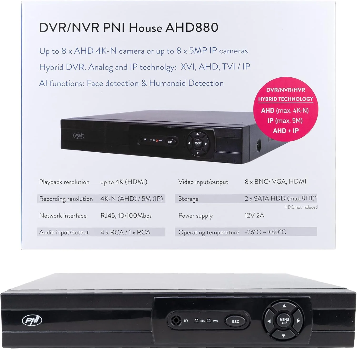 دستگاه ضبط تصاویر دوربین مداربسته PNI House AHD880، با 8 کانال آنالوگ 4K-N یا 8 کانال 5 مگاپیکسل، H265+، ورودی صدا، خروجی صدا، USB2.0، 2 عدد SATA با حداکثر 8 ترابایت دستگاه ضبط تصاویر دوربین مداربسته PNI House AHD880، با 8 کانال آنالوگ 4K-N یا 8 کانال 5 مگاپیکسل، H265+، ورودی صدا، خروجی صدا، USB2.0، 2 عدد SATA با حداکثر 8 ترابایت