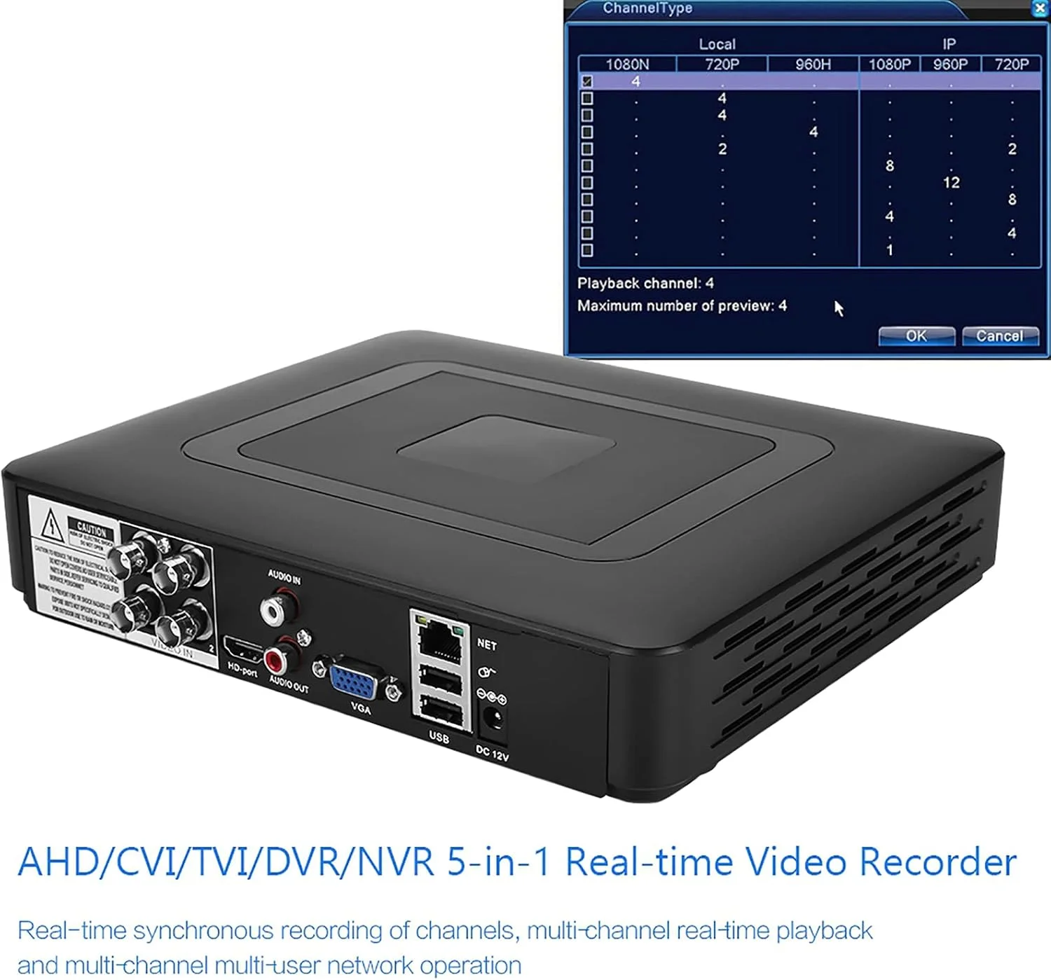 دستگاه ضبط کننده دوربین مداربسته، 4 کانال AHD CVI/TVI/DVR NVR 5 در 1 ضبط کننده ویدئو با زمان واقعی، پشتیبان گیری USB، تشخیص حرکت، ضبط کننده DVR با کیفیت 1080P HD، ذخیره سازی شواهد دستگاه ضبط کننده دوربین مداربسته، 4 کانال AHD CVI/TVI/DVR NVR 5 در 1 ضبط کننده ویدئو با زمان واقعی، پشتیبان گیری USB، تشخیص حرکت، ضبط کننده DVR با کیفیت 1080P HD، ذخیره سازی شواهد